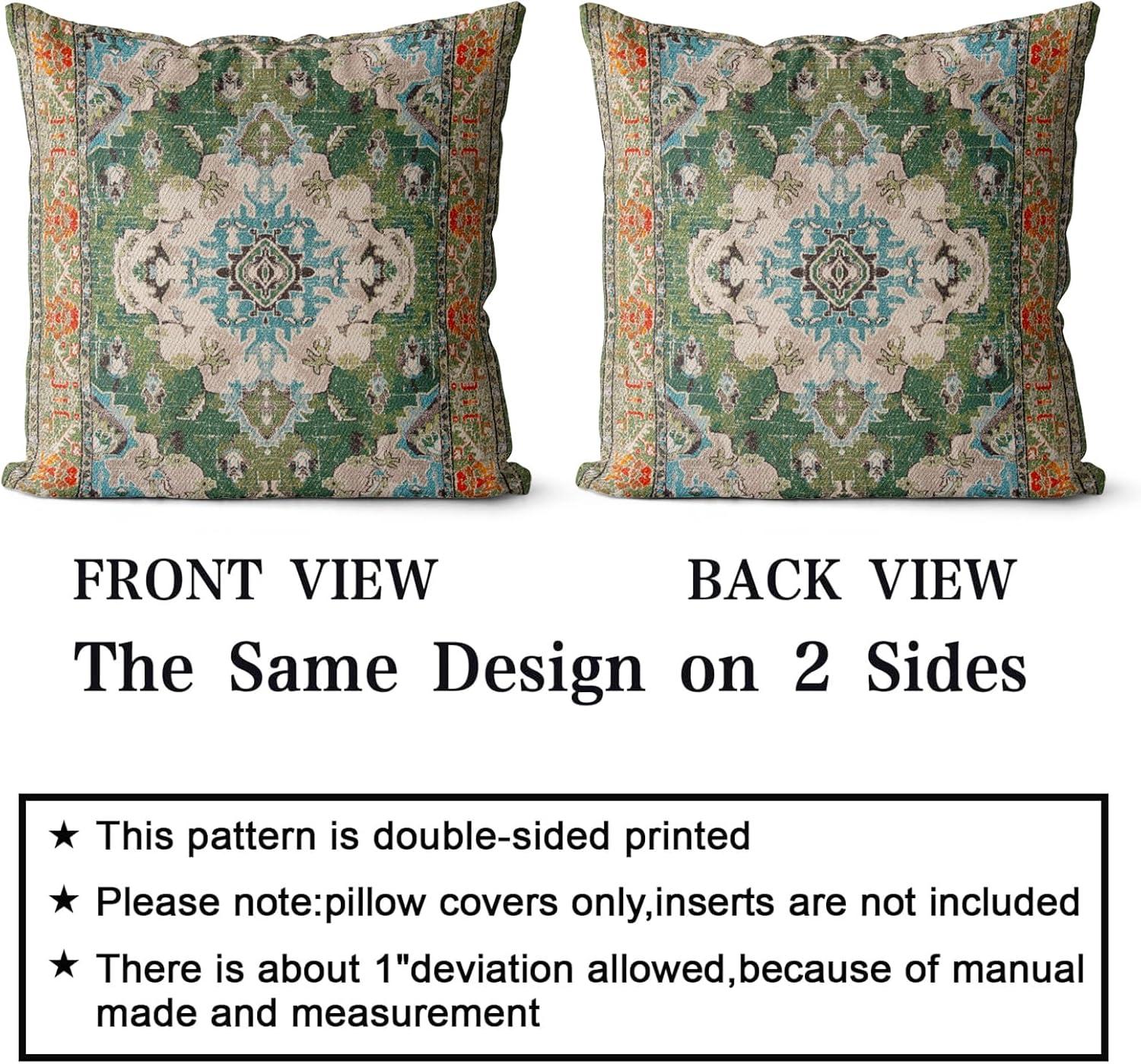 Boho Green Throw Pillow Covers 18x18 inch Set of 2,Bohemian Carpet Double Sided Pattern Soft Plush Cushion Cover for Couch Sofa Bed Decorative,Only Pillowcase (No Insert)