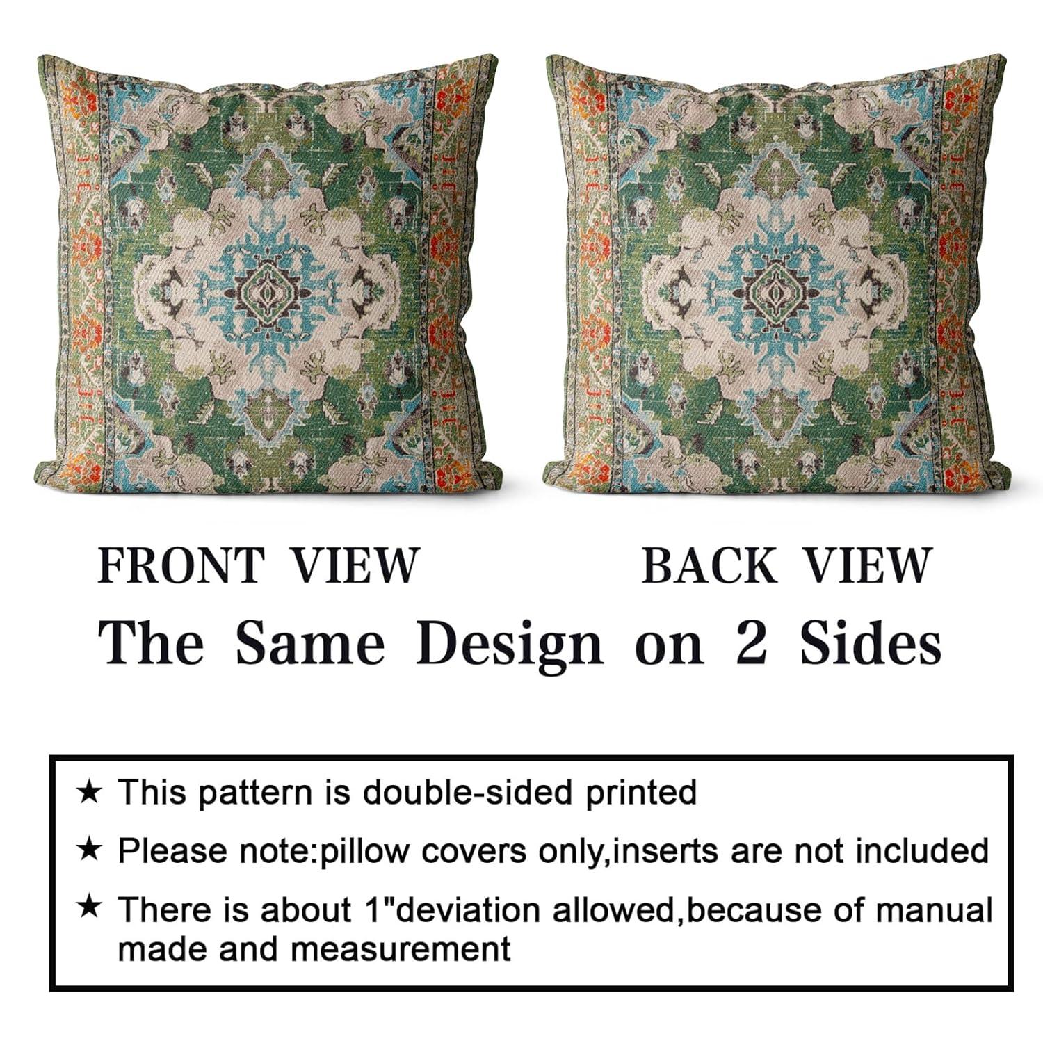 Boho Green Throw Pillow Covers 18x18 inch Set of 2,Bohemian Carpet Double Sided Pattern Soft Plush Cushion Cover for Couch Sofa Bed Decorative,Only Pillowcase (No Insert)
