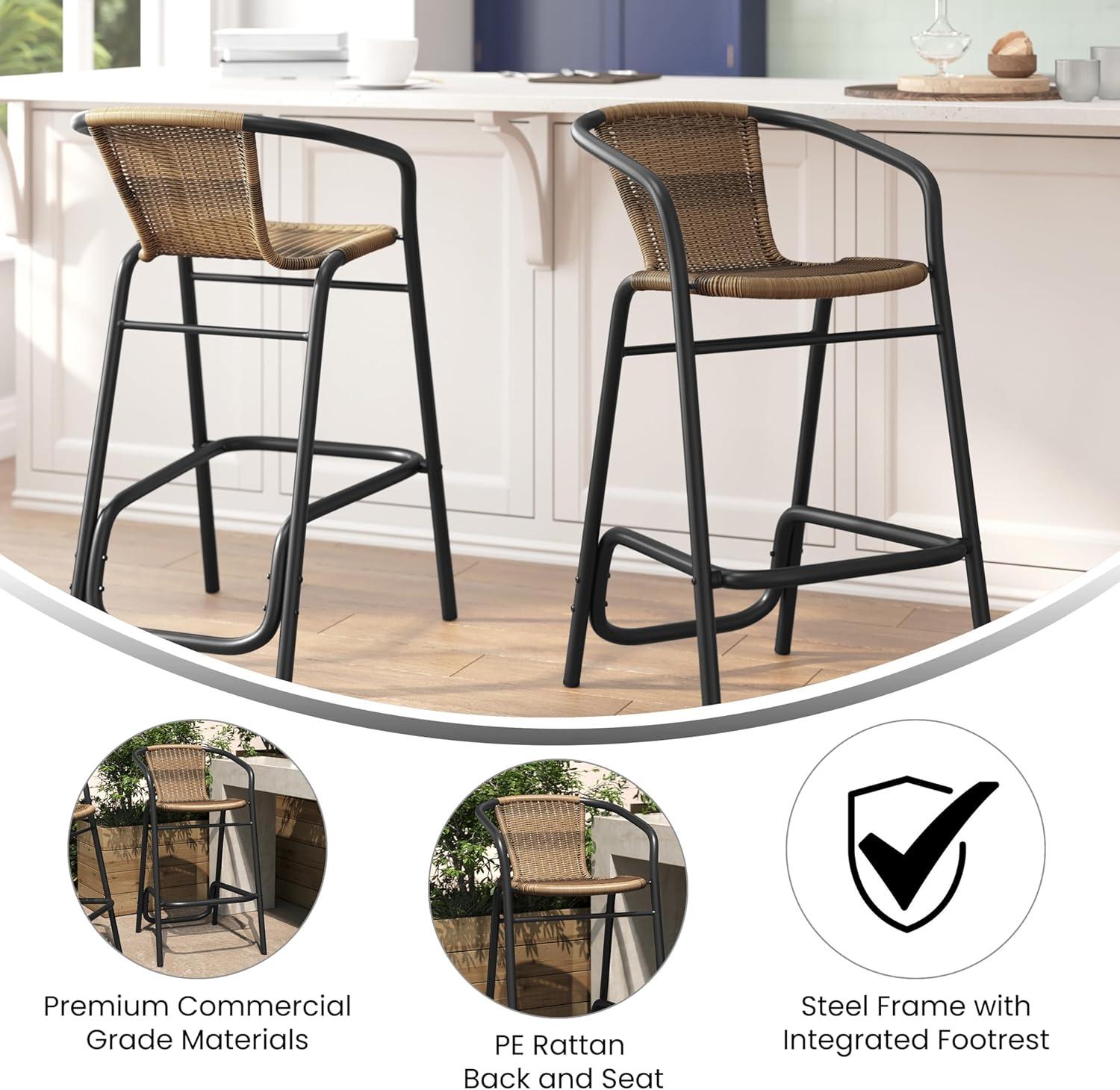 Flash Furniture Lila Set of 2 Commercial Grade Indoor-Outdoor PE Rattan Restaurant Barstool with Black Aluminum Frame and Footrest in Medium Brown