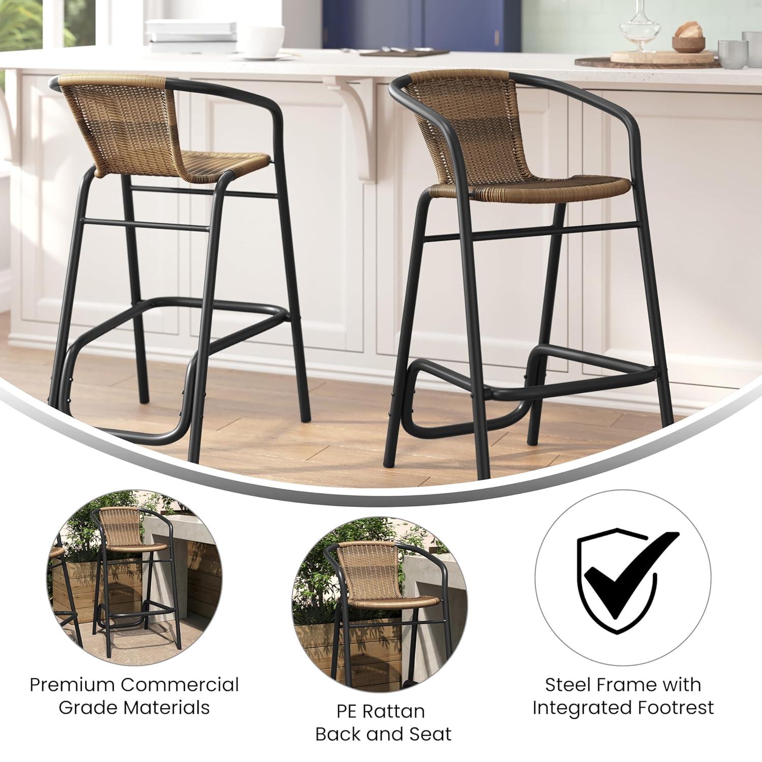 Flash Furniture Lila Set of 2 Commercial Grade Indoor-Outdoor PE Rattan Restaurant Barstool with Black Aluminum Frame and Footrest in Medium Brown