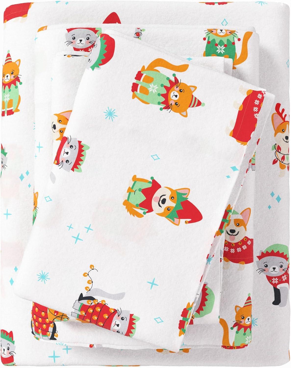 100% Cotton Christmas Flannel Sheets - Great Bay Home (Queen, Dog Cat Christmas)