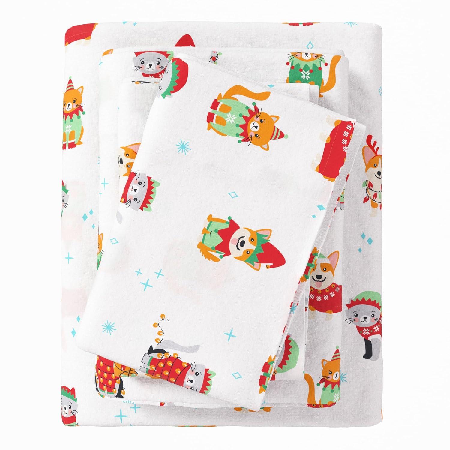 100% Cotton Christmas Flannel Sheets - Great Bay Home (Queen, Dog Cat Christmas)