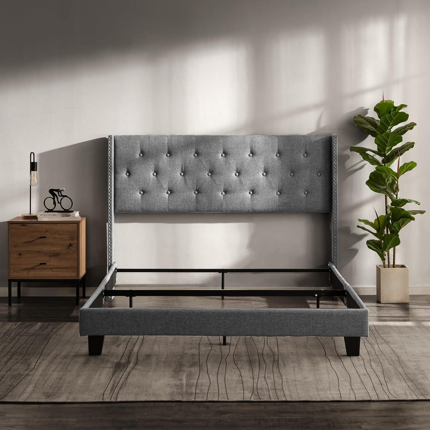 Bryt Wingback Diamond Upholstered Platform Bed, King Size Bed Frame with Headboard - Silver