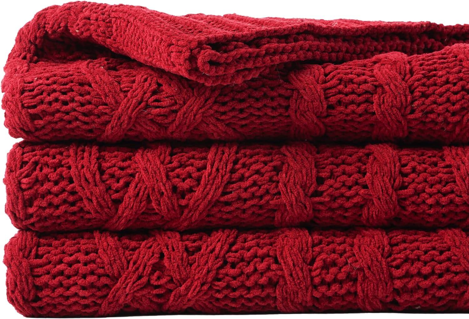 Battilo Dark Red Throw Blanket,Burgundy Cozy Woven Chenille Knit Throw Blankets,Christmas Decor,51"x67"