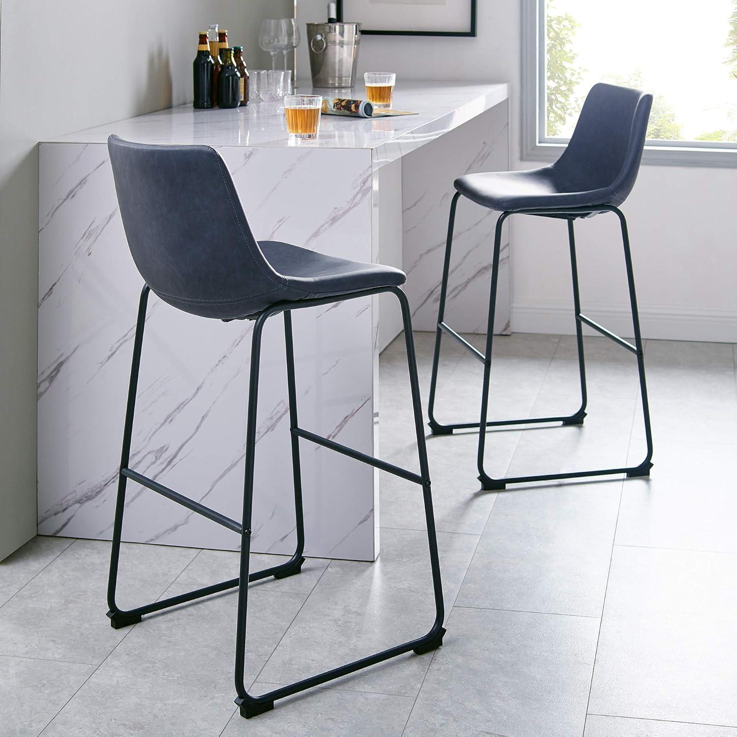 Walker Edison Douglas Urban Industrial Faux Leather Armless Bar Chairs, Set of 2, Navy Blue
