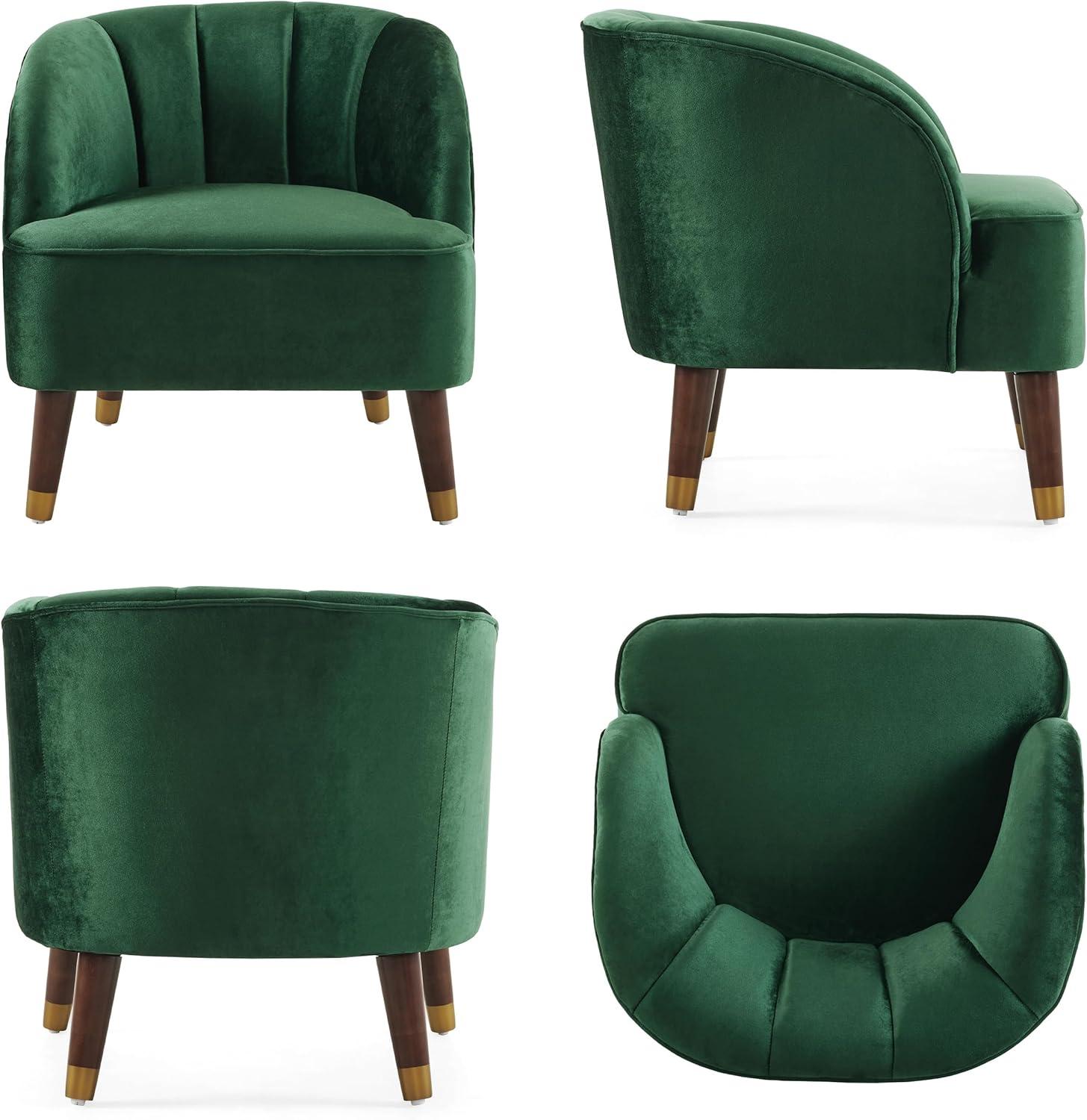 Emerald Green Velvet Barrel Accent Chair with Wood Legs