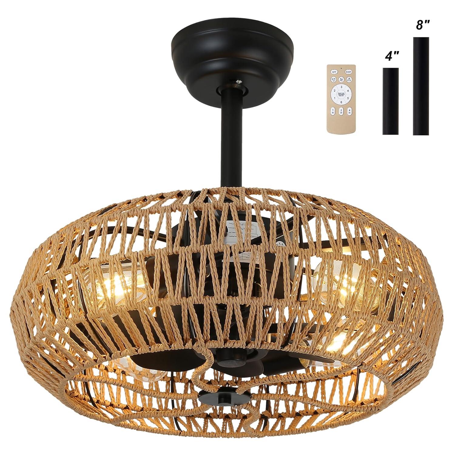 20'' Boho Rattan Caged Ceiling Fan with Light and Remote, Farmhouse Flush Mount Boho Ceiling Fan Light Low Profile Bladeless Ceiling Fan Timing 6 Speeds Reversible, Brown