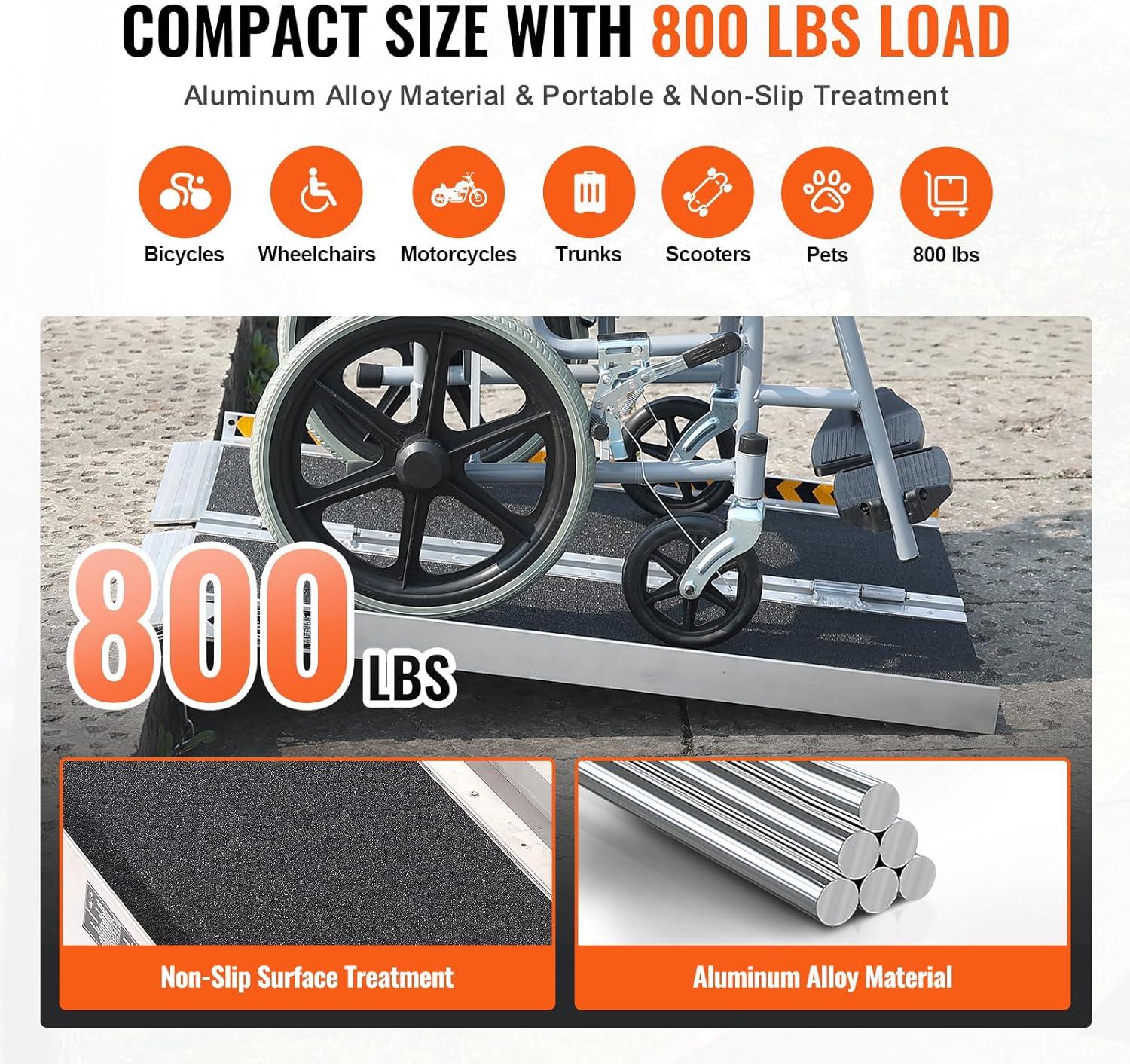 VEVOR Portable Wheelchair Ramp - 3 ft, 800 lbs Capacity, Non-Slip Aluminum, Folding Threshold Ramp for Mobility Scooters, Suitable for Home Steps, Stairs, Doorways, Curbs