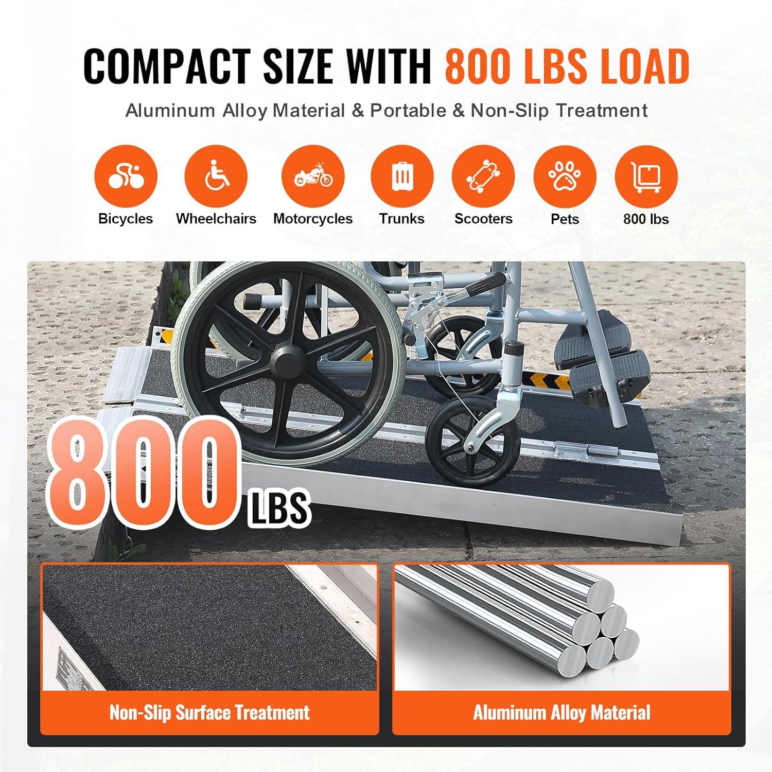 VEVOR Portable Wheelchair Ramp - 3 ft, 800 lbs Capacity, Non-Slip Aluminum, Folding Threshold Ramp for Mobility Scooters, Suitable for Home Steps, Stairs, Doorways, Curbs