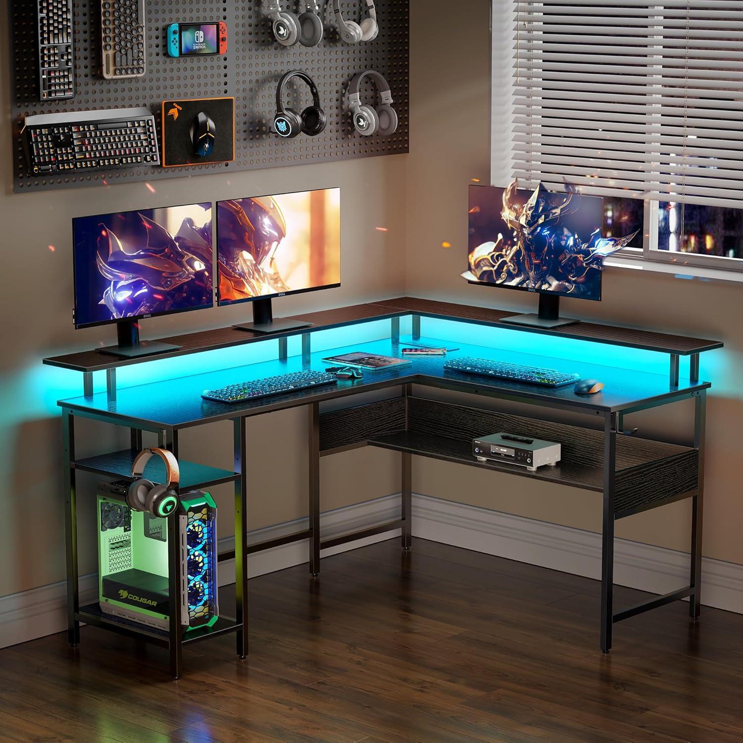 Black L-Shaped Gaming Desk with LED Lights and Storage