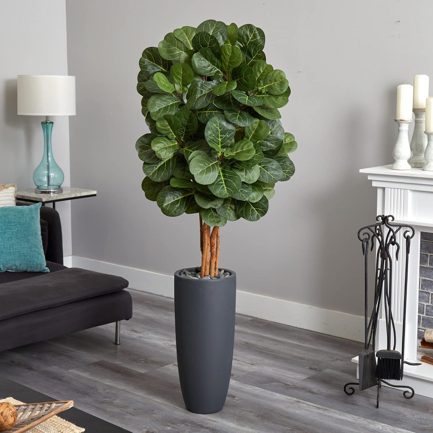 Nearly Natural 5.5-ft Fiddle Leaf Artificial Tree in Gray Cylinder Planter