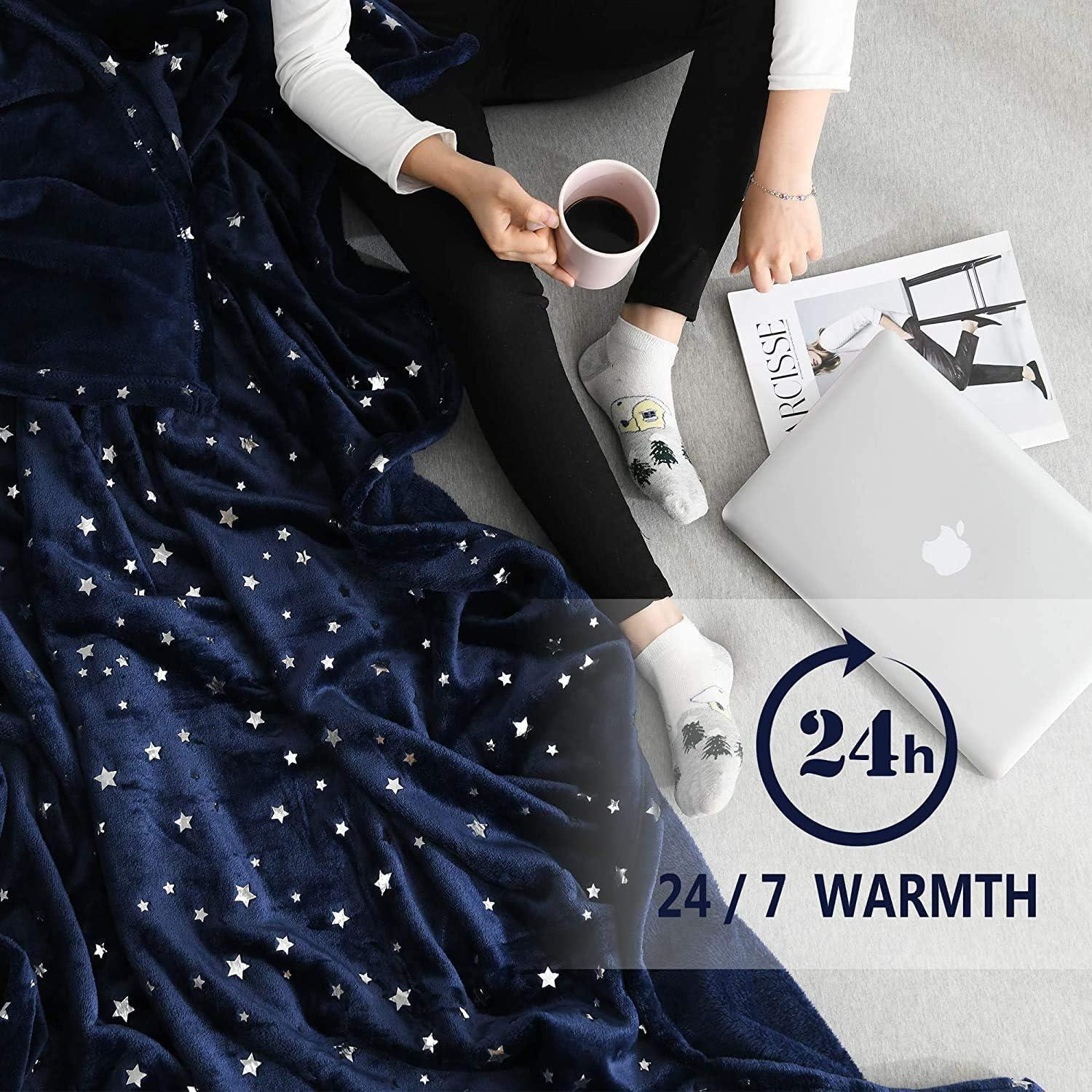 Queen Navy Blue Microfiber Fleece Blanket with Star Design