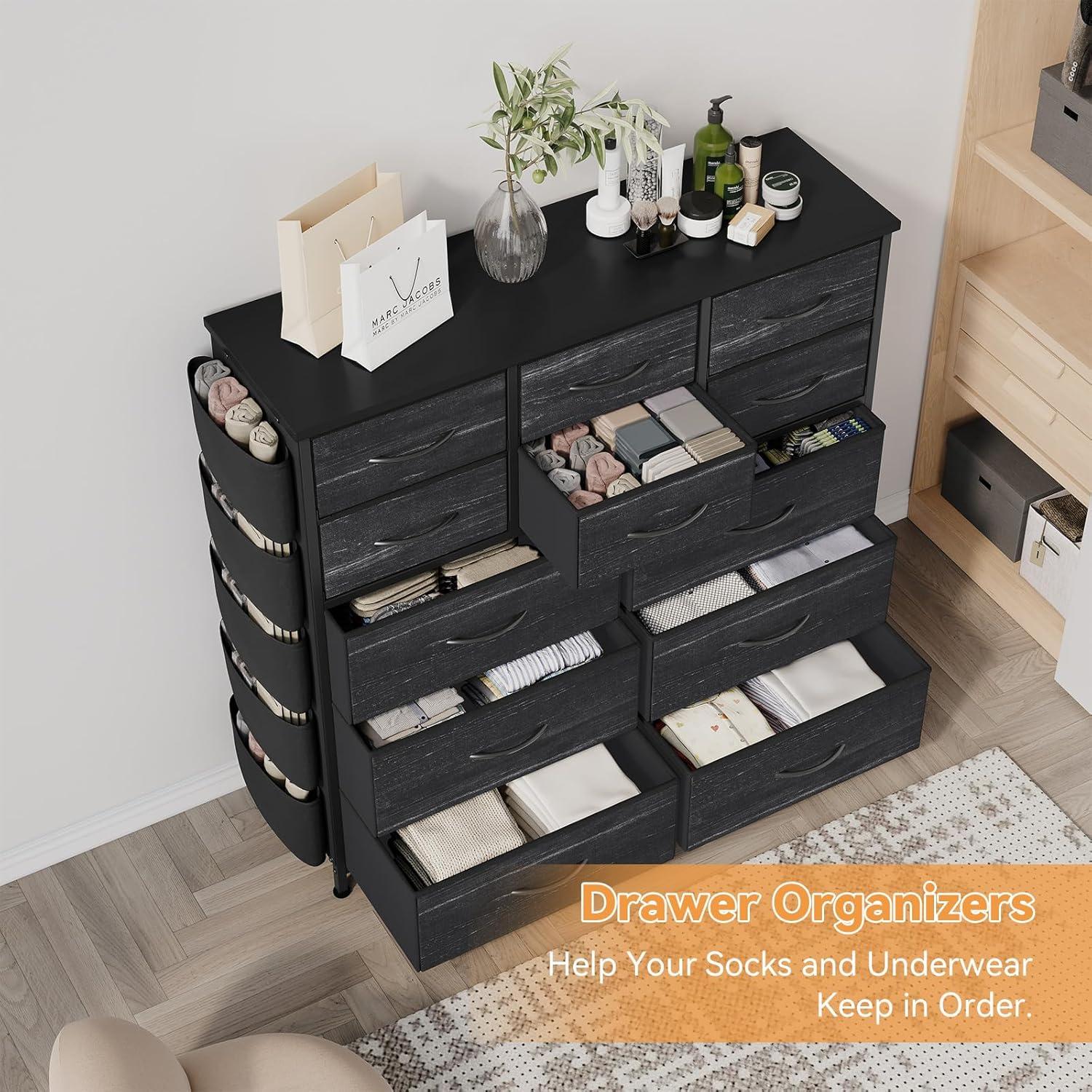AOWOS Cómoda de 12 Cajones para Dormitorio, Torre de Almacenamiento de Tela, Cómoda Negra con Tapa de Madera, Estructura de Acero Resistente, Unidad Organizadora de Almacenamiento