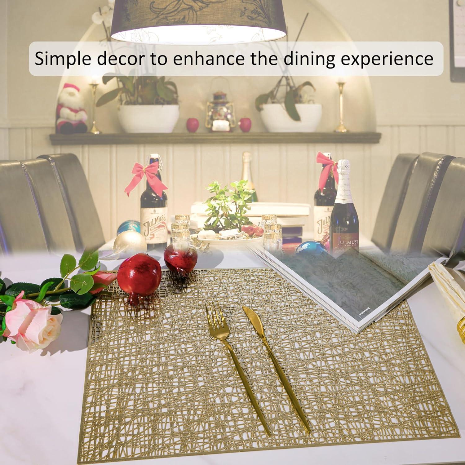 Holzlrgus Gold Rectangle Placemats Set of 4 Metallic Vinyl Easy to Clean Non-Slip Stain Heat Resistant Washable Wipeable Morden Abstract Table Mats for Dinning Wedding Party Festival