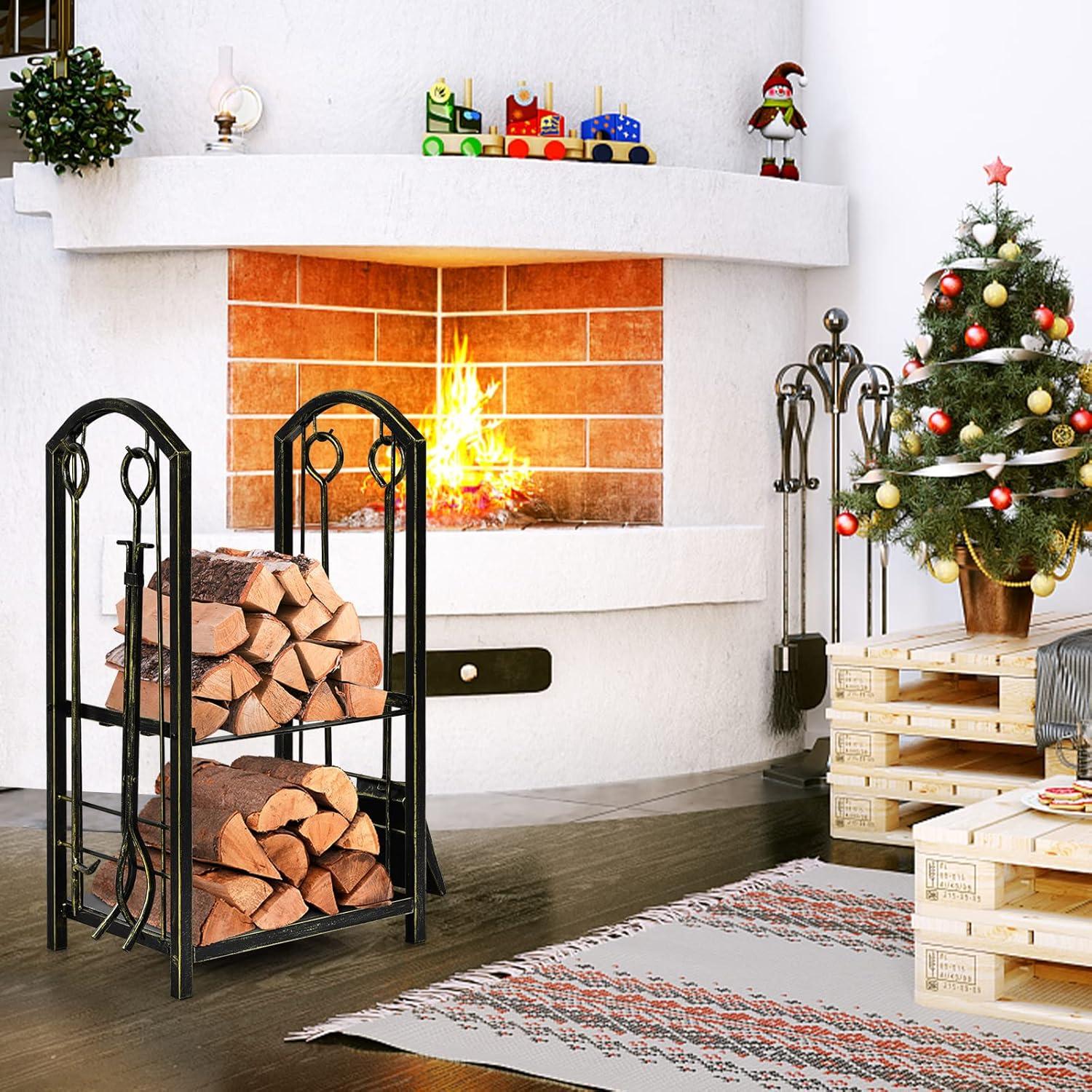 Kadyn Fire Wood Storage Racks, Firewood Holder,Firewood Frame,Firewood Shelf,Fireplace Log Rack with 4 Pieces Fireplace Tools-Bronze