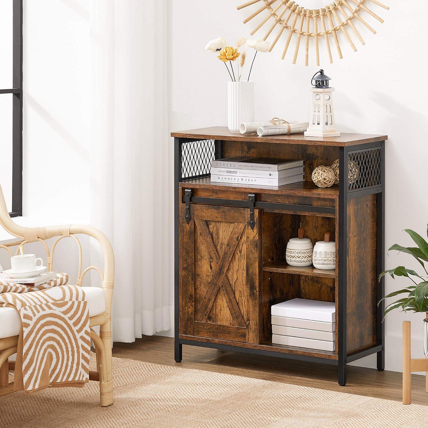 Rustic Brown and Black Sliding Barn Door Sideboard