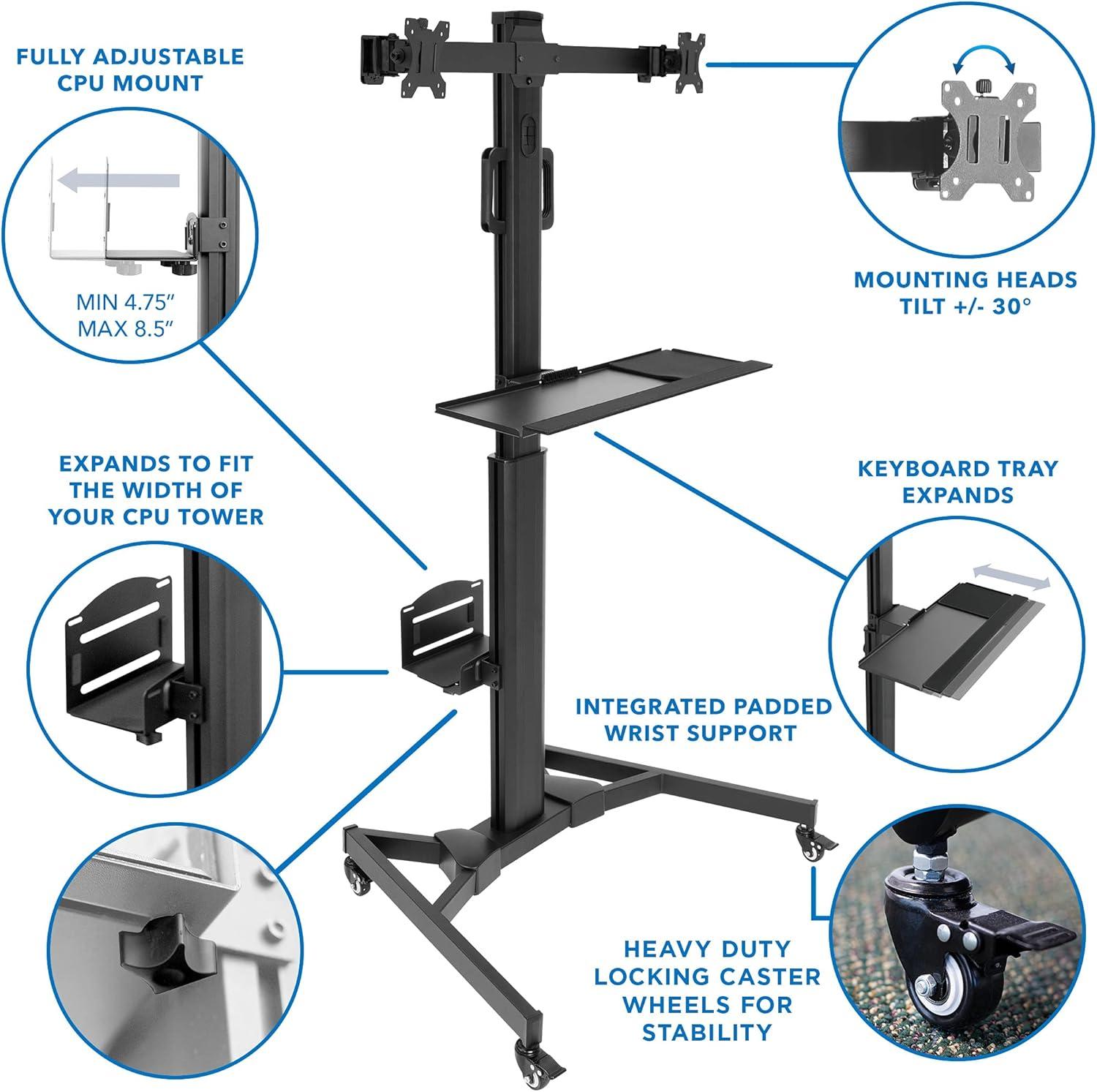 Mount-It! Adjustable Mobile Standing PC Workstation & Computer Cart with Adjustable Keyboard Tray and CPU Holder | Fits Monitors 13 to 32 in.