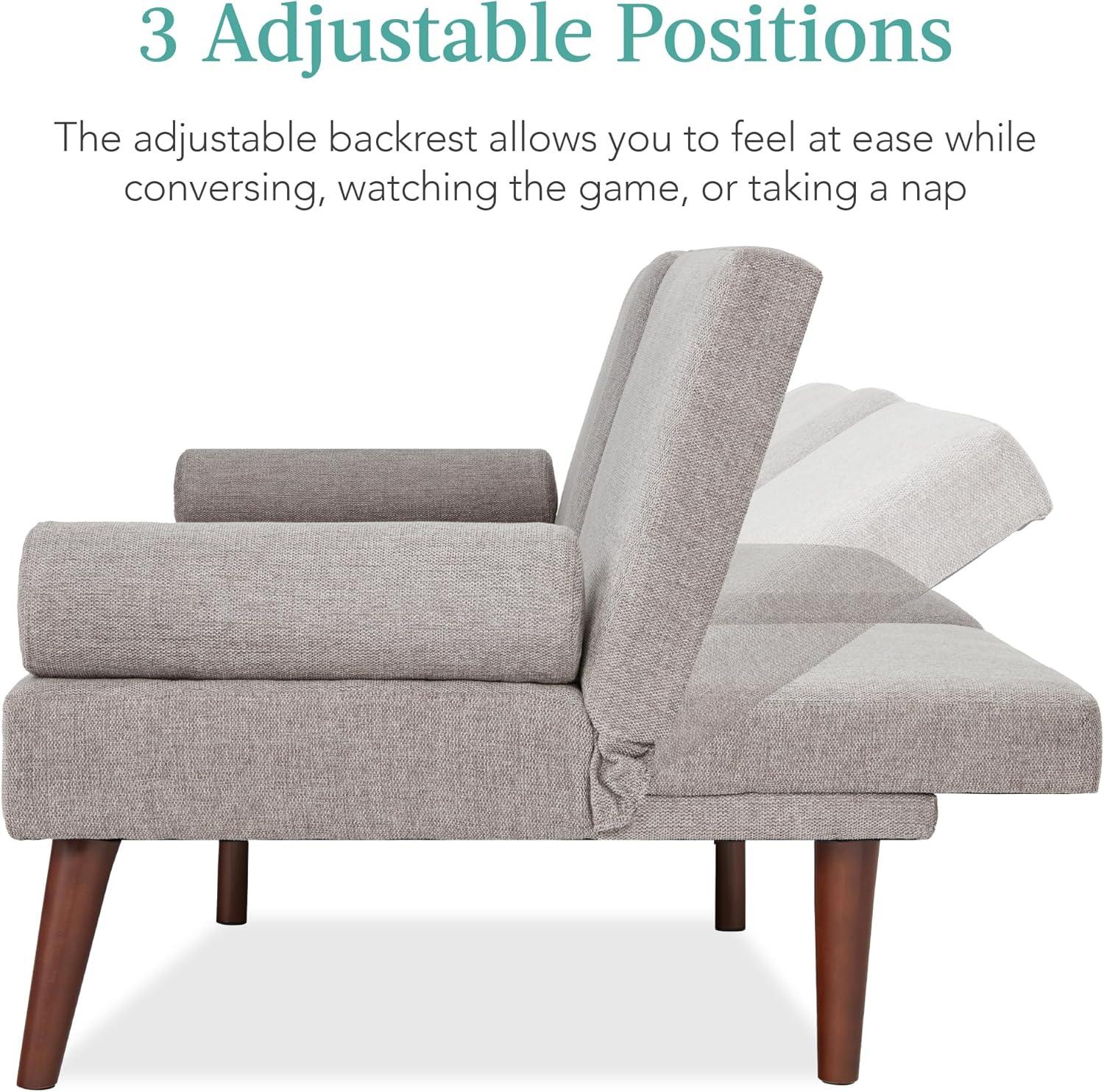 Best Choice Products Fabric Upholstered Convertible Futon w/ Rounded Armrests, Wooden Legs, 2 Cupholders - Gray