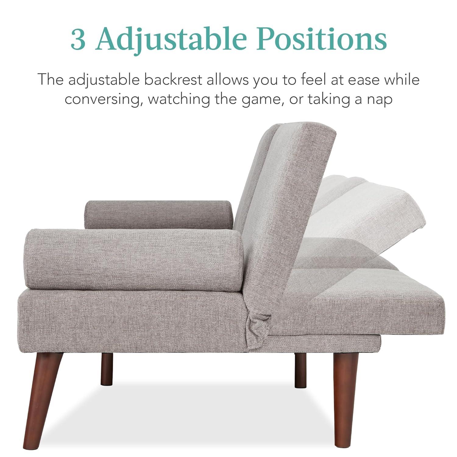 Best Choice Products Fabric Upholstered Convertible Futon w/ Rounded Armrests, Wooden Legs, 2 Cupholders - Gray