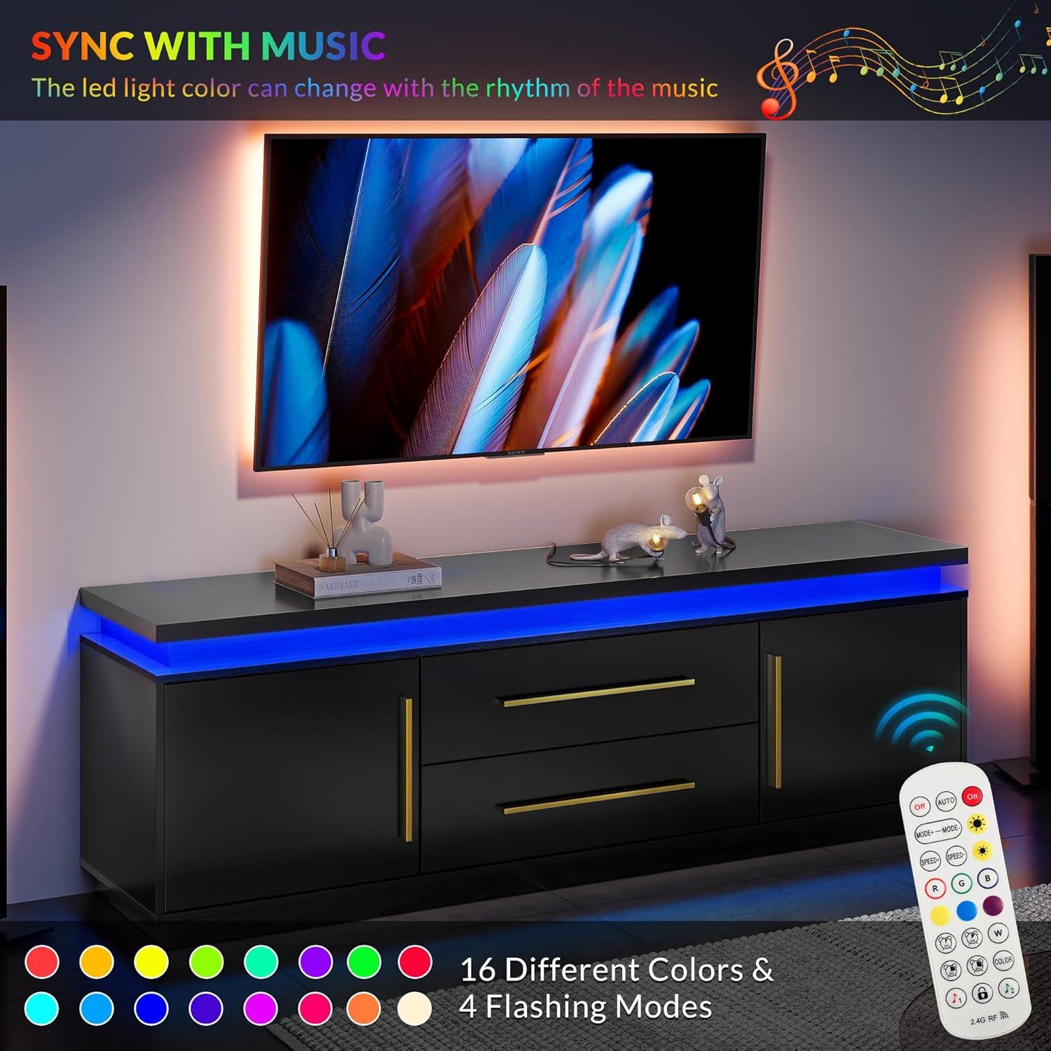 BELLEZE 67" TV Stand for TV up to 75",  with LED Lights Change to Melody of Music - Studio (Black)