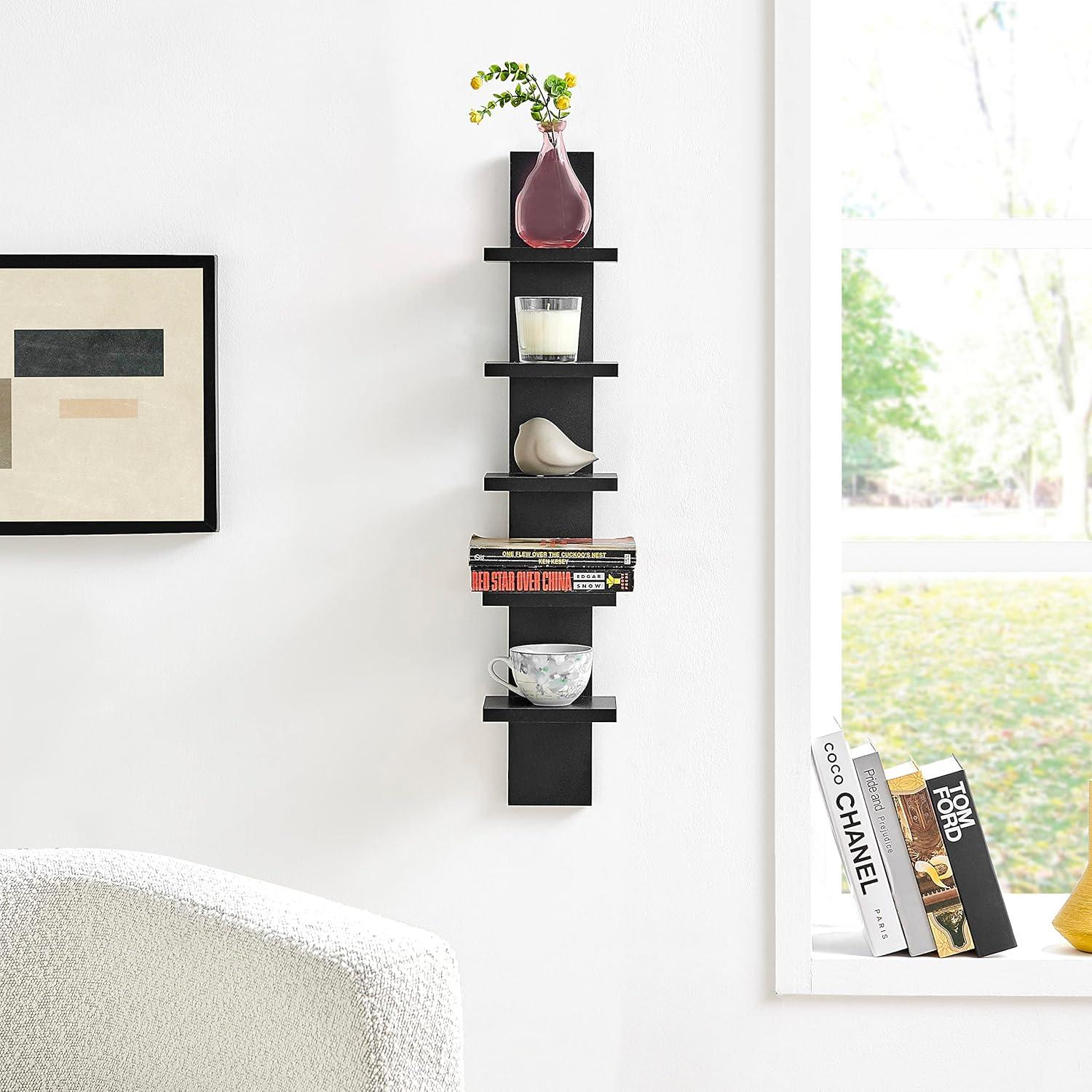 Danya B. 30" x 6" Slim Vertical Column Wall Shelf Black: Mid-Century Modern Laminated MDF, Iron Hardware, 5 Tiers