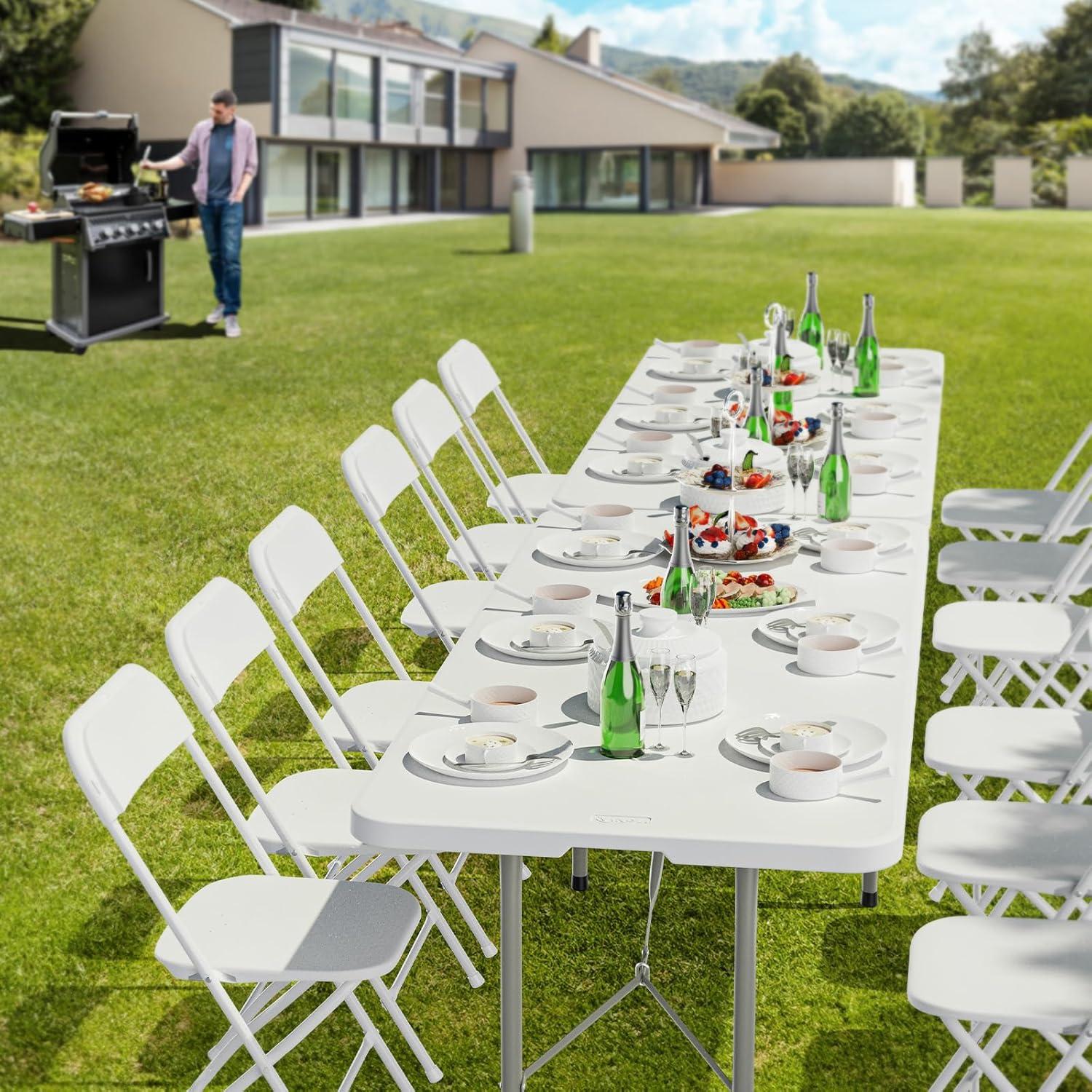 6' Folding Table, Camping Table with Large Plastic Tabletop, Dining Table with Carrying Handle and Steel Legs, White