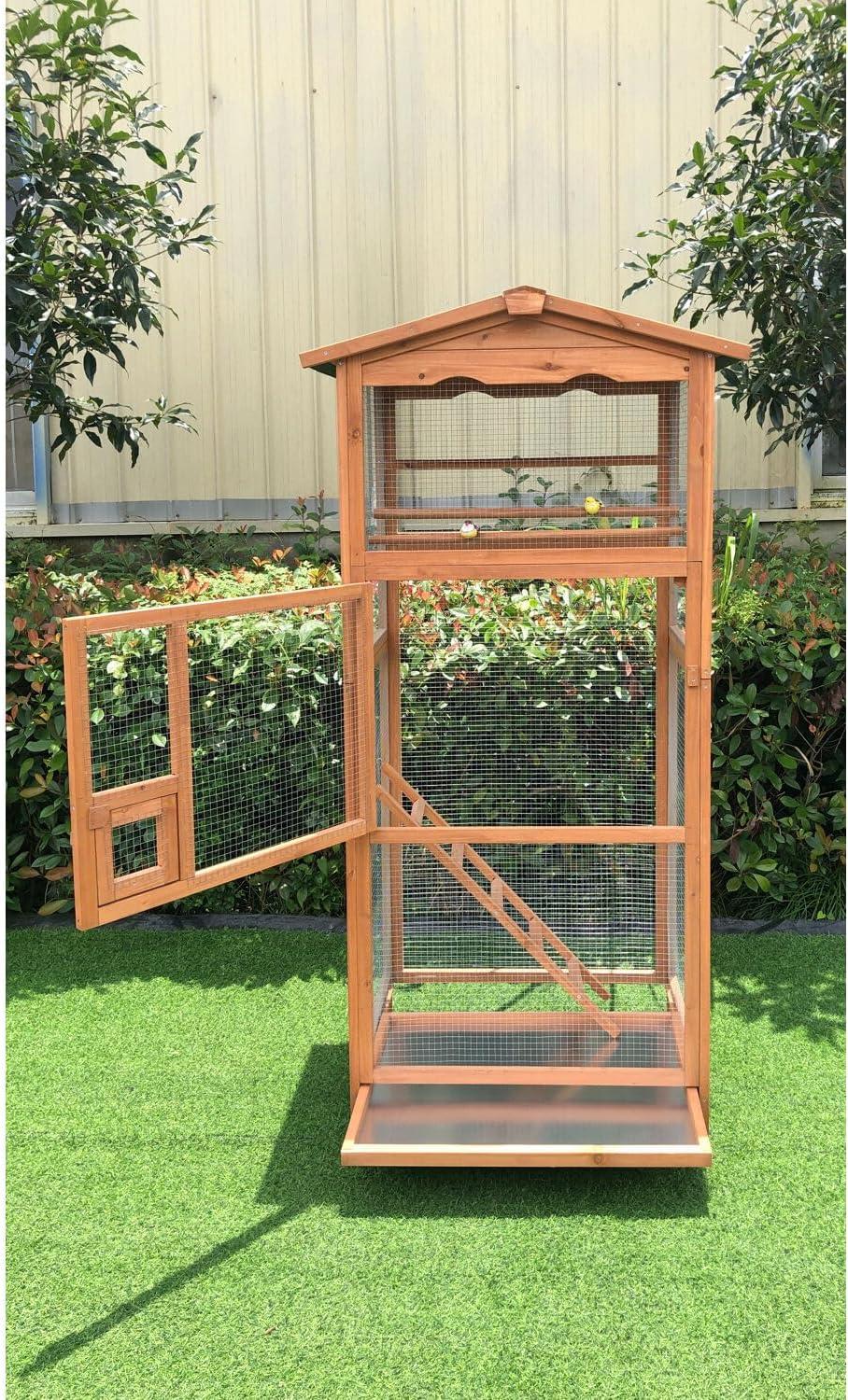 Hanover Outdoor Wooden Bird Cage with 3 Resting Bars, Ladder, Waterproof Roof and Removable Tray, 2.9 Ft. x 2.1 Ft. x 5.8 Ft.