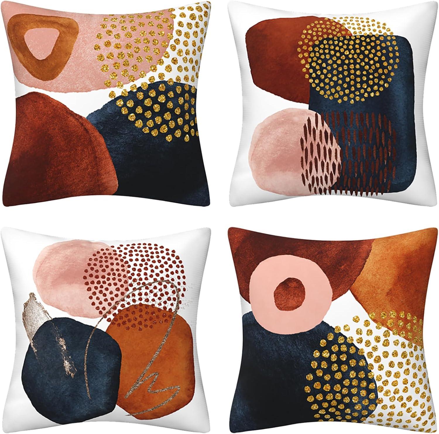 Mid Century Modern Boho Abstract Throw Pillow Covers 18x18 Set of 4 Aesthetic Navy Blue Burnt Orange Pillow Covers Geometric Minimalist Decor for Couch Home Decor