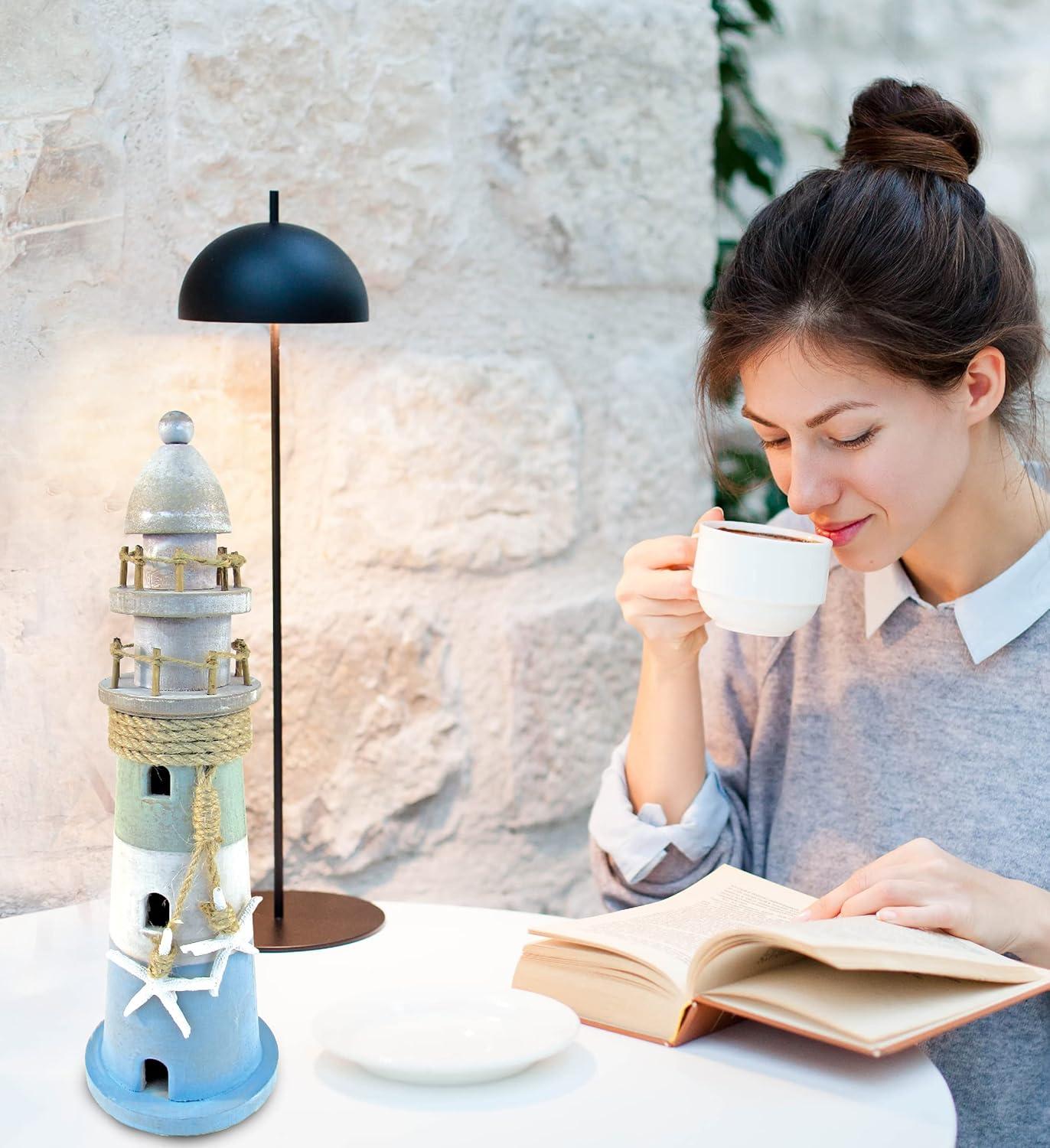 Puzzled COTA Global Ocean Breeze Lighthouse Decor - Handmade and Crafted Wooden Lighthouse Decoration with Starfish, Decorative Beach Style Tabletop Centerpiece - 12.25 Inches