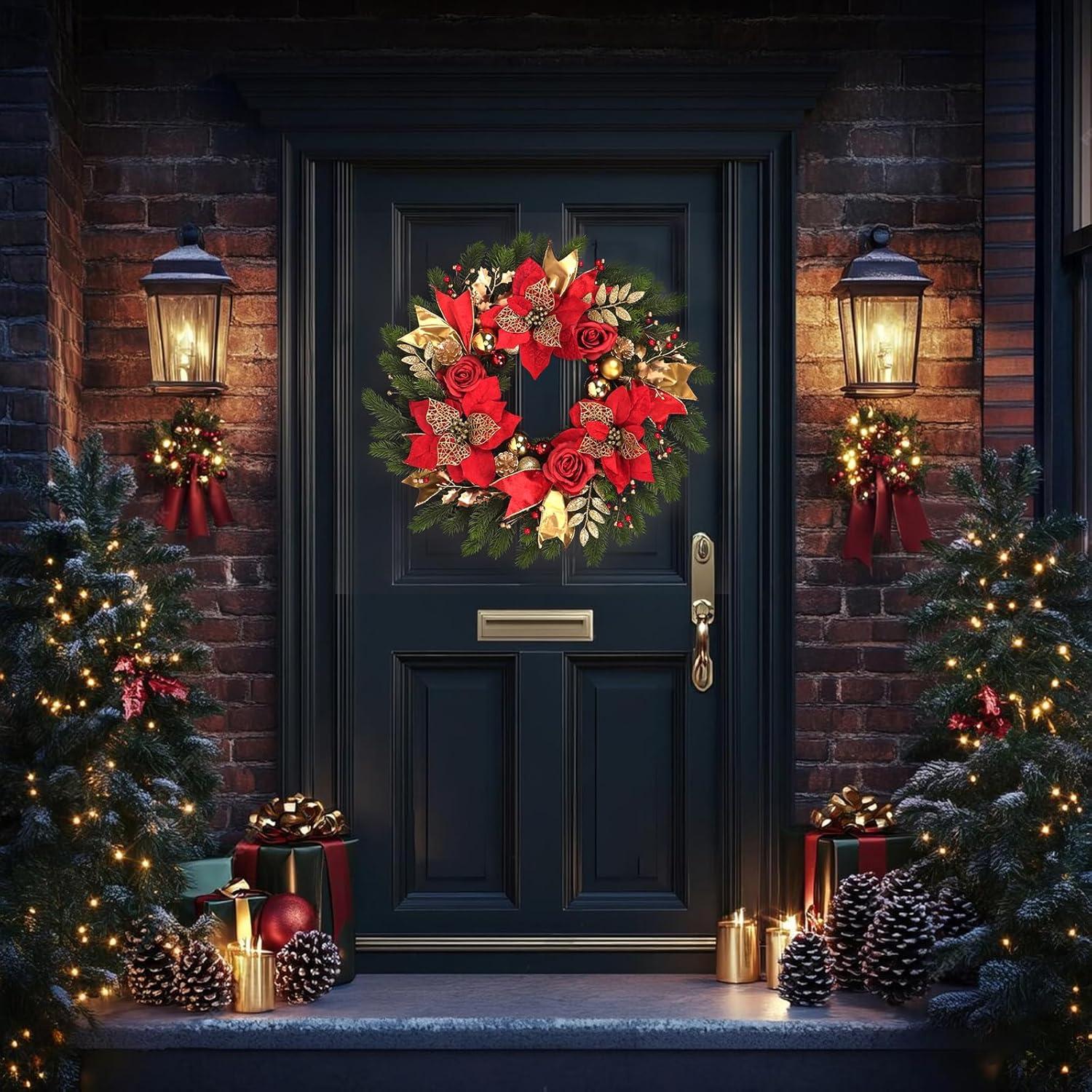 Wreaths for Front Door,Winter Wreaths for Indoor and Outdoor Decorations,Door Wreath with Red Flowers and Golden Ball,Pine Cones,Leaves,Ribbons,Berries for Decor