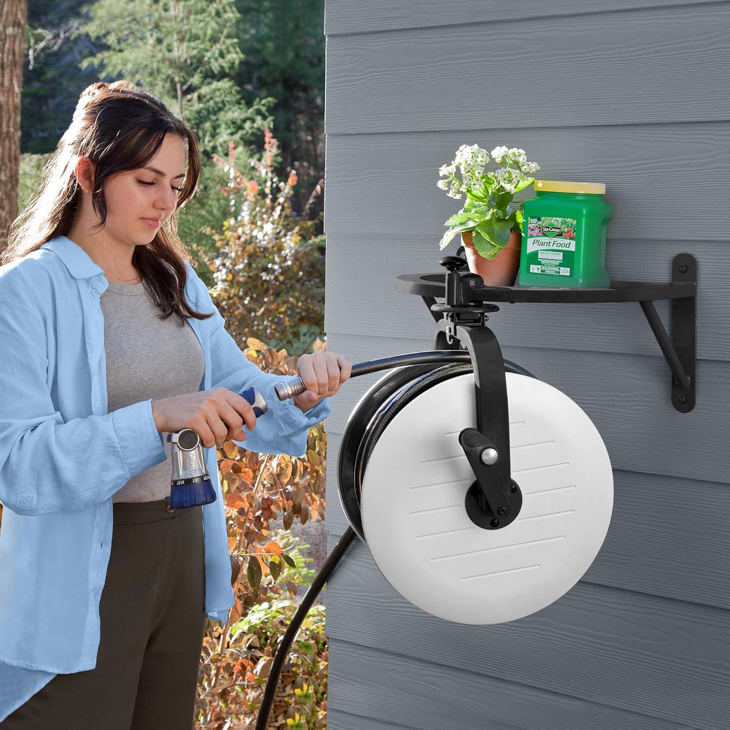 Black and White Steel Wall-Mount Hose Reel with 125-ft Capacity