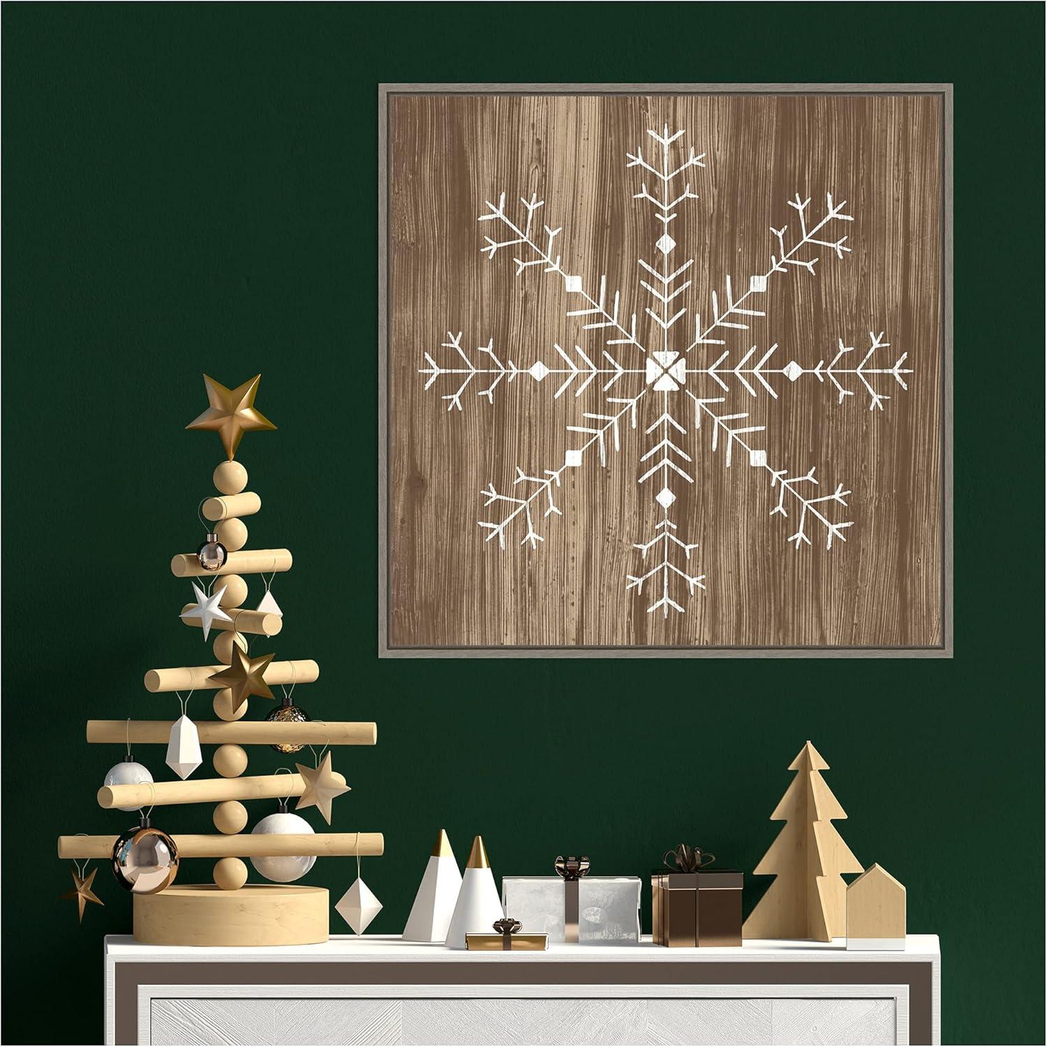 22" x 22" Barnwood Wonderland I Snowflake Framed Wall Canvas - Amanti Art: Hand-Stretched, Lithograph Print, MDF Frame