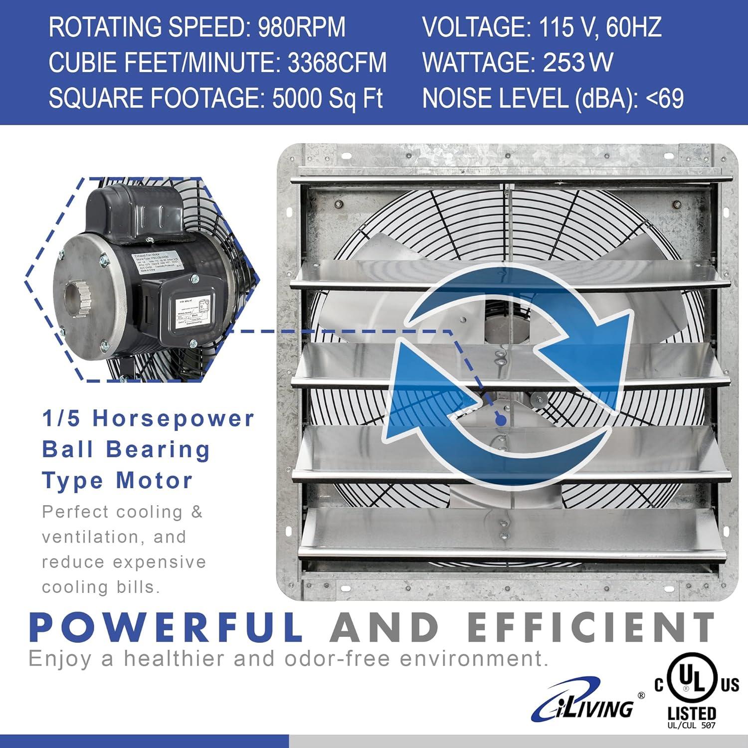 iLIVING ILG8SF20V-ST 20" Wall Mounted Shutter Exhaust Fan, Automatic Shutter, with Thermostat and Variable Speed controller, 2.2A, 3368 CFM, 5000 SQF Coverage Area Silver
