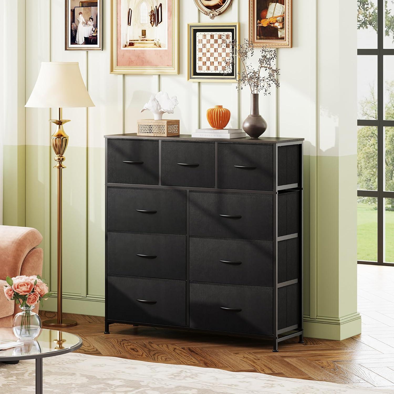 DUMOS Dresser for Bedroom, Storage Organizer with 9 Drawers, Chest of Drawers with Fabric Bins, Sturdy Metal Frame, Wood Tabletop for Guest Room, Closet, Entryway, Nursery