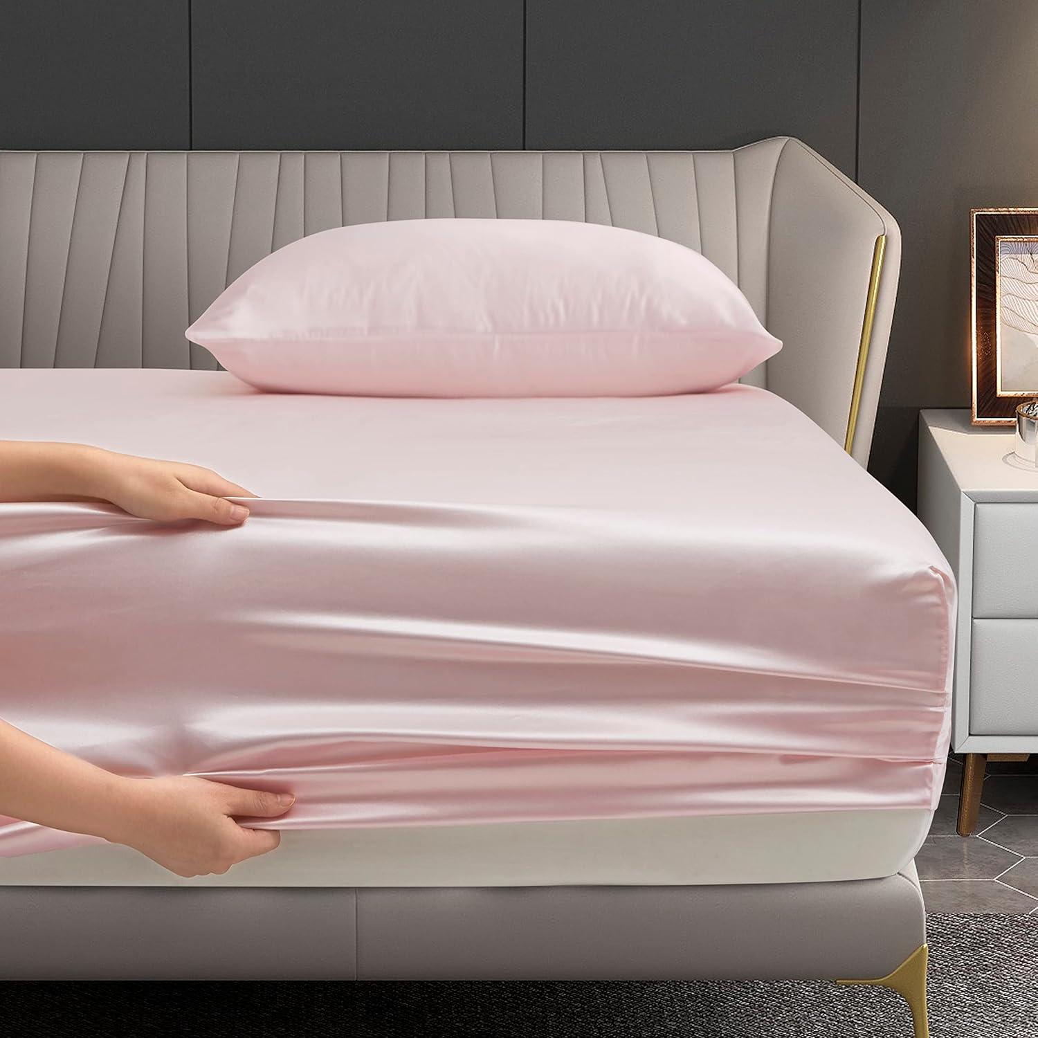 Blush Pink Queen Satin Deep Pocket Bed Sheet Set