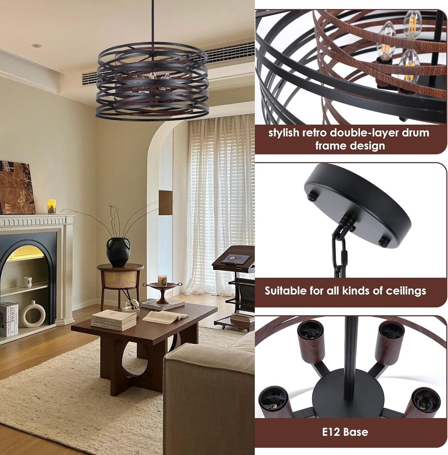 Dining Room Lighting Fixture, 5-Light Farmhouse Black Chandelier Drum Light, Round Metal with Retro Wood Texture Interior, E12 Bulbs Not Included