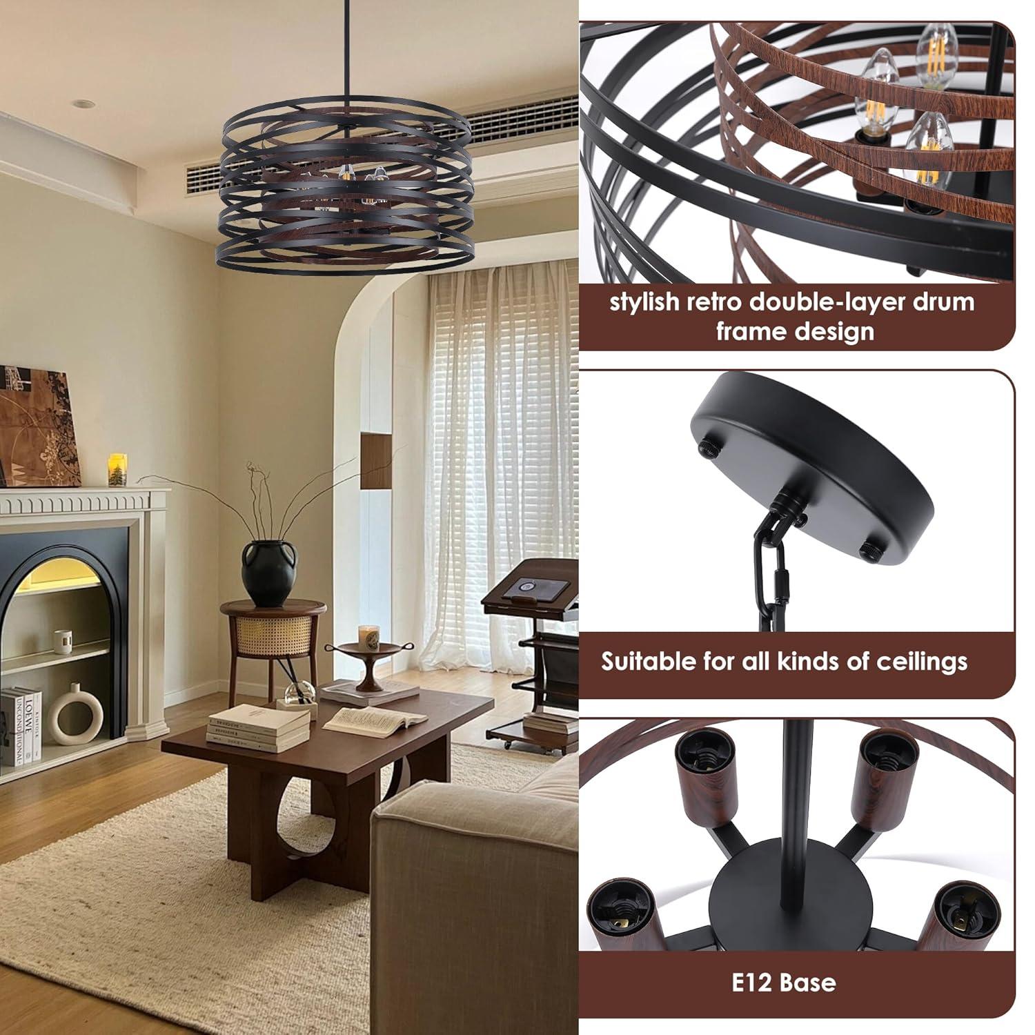Dining Room Lighting Fixture, 5-Light Farmhouse Black Chandelier Drum Light, Round Metal with Retro Wood Texture Interior, E12 Bulbs Not Included