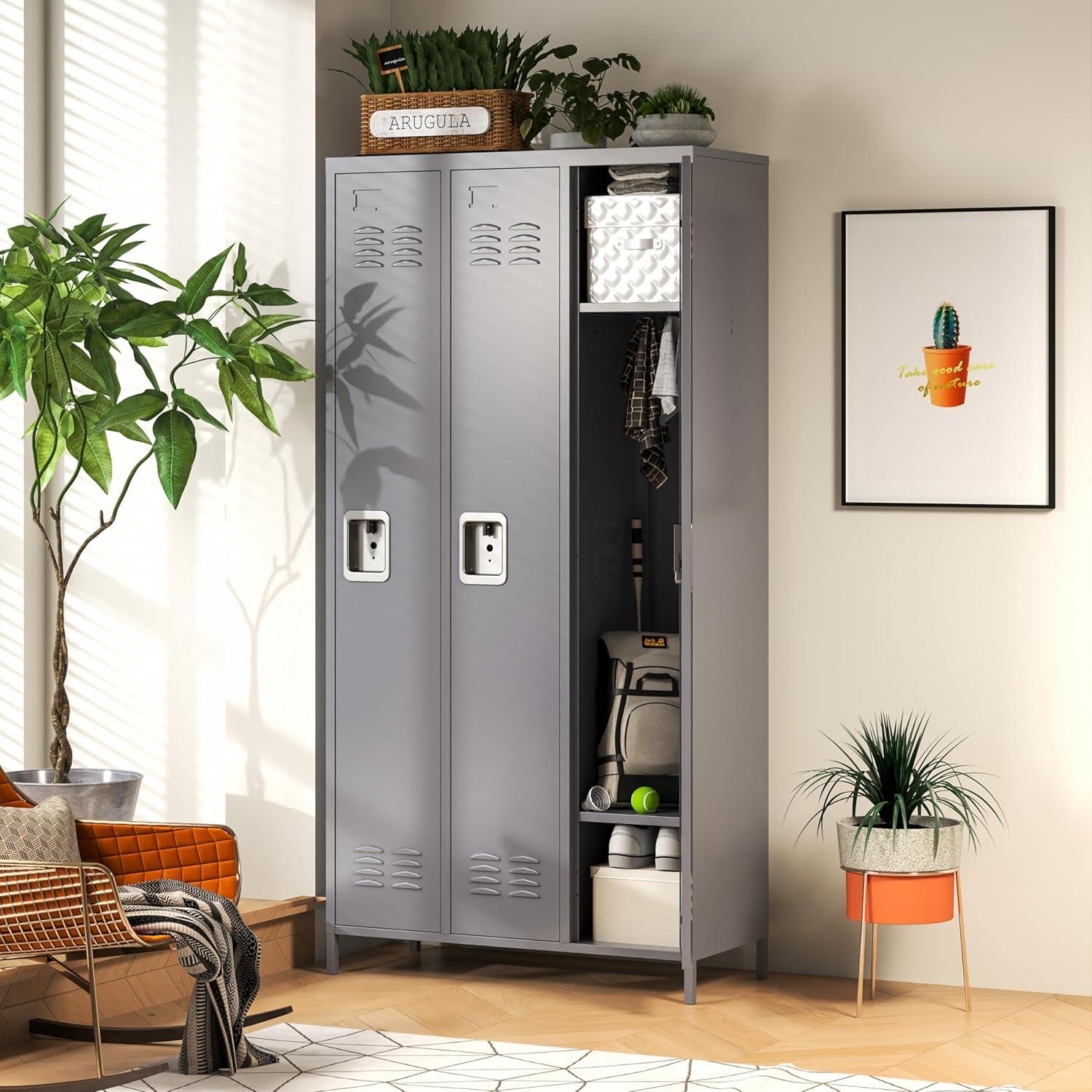 GangMei 72 inches 3 Doors Metal Storage Locker for Employees，Large Steel Combination Locker Cabinet for Gym, Living Room, School , Office with Locking Doors(Light Gray)