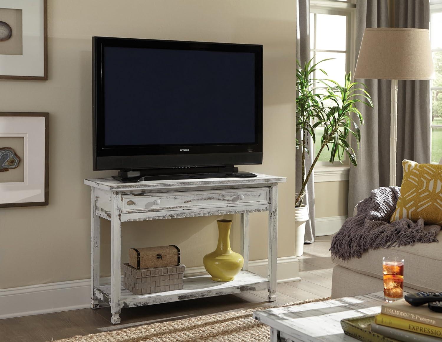 Antique White Cottage-Inspired Media Console with Storage Shelf