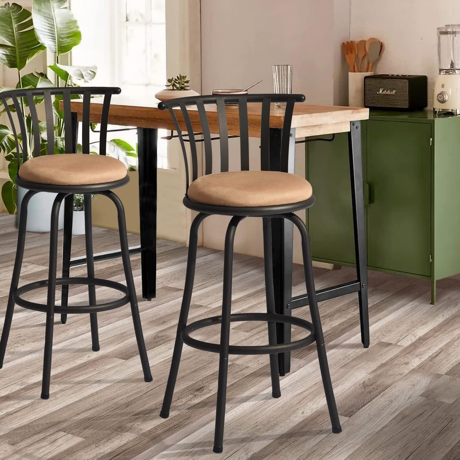Camel Brown Metal Swivel Bar Stool with Microsuede Seat