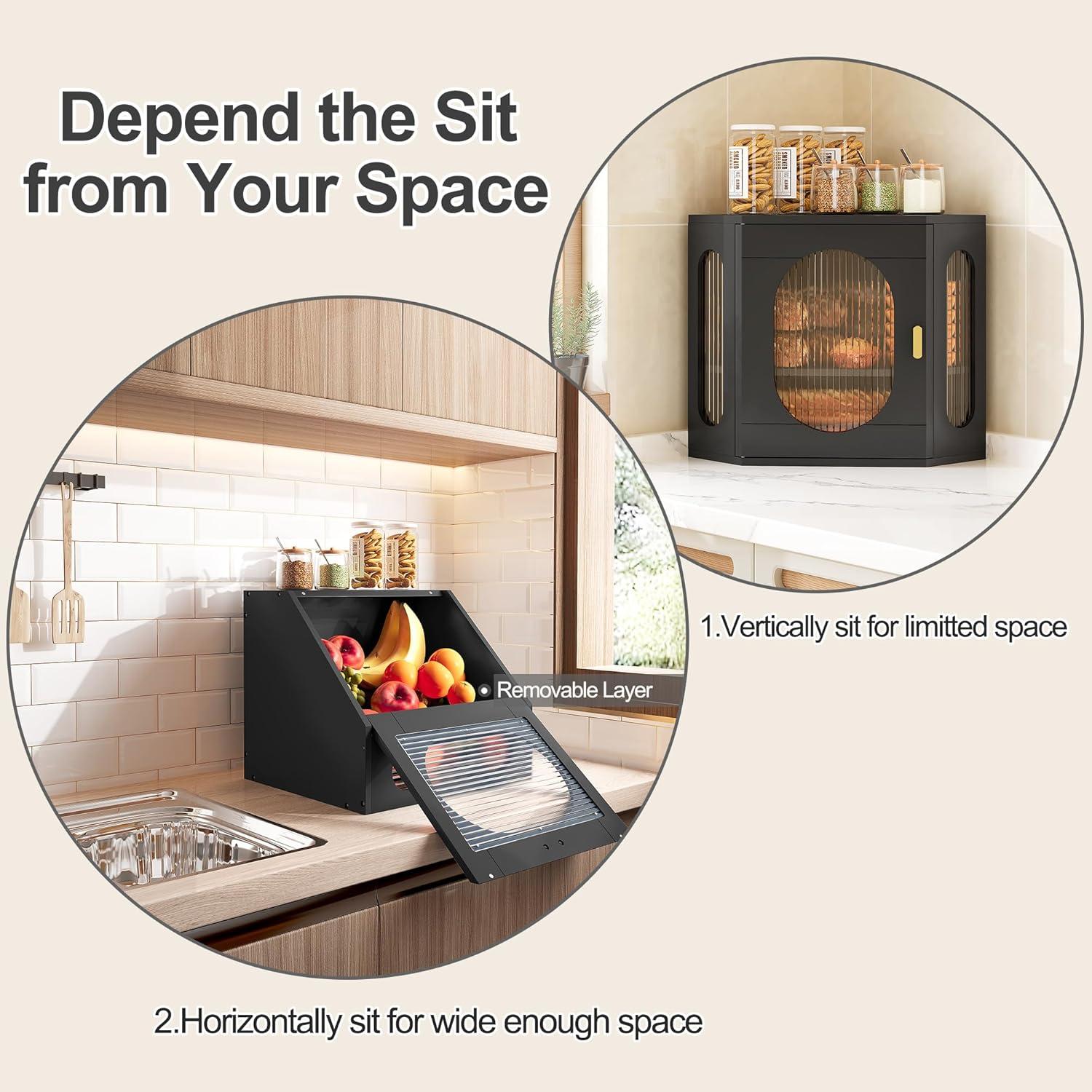 Hokku Designs Corner Bread Storage Container Double Layer Wooden Breadbox Homemade Bread Loaf Bin Farmhouse Coffee Bar Pantry Shelf With Acrylic Window, Black