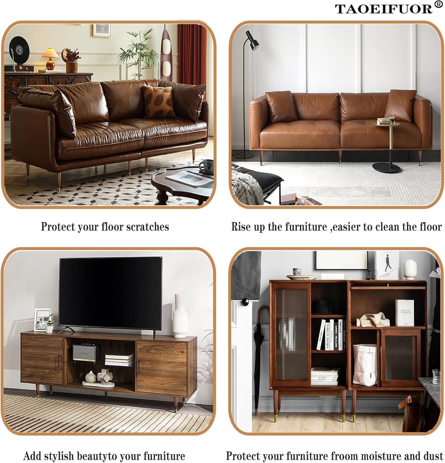 Hard Wood Furniture Legs with Gold Caps 6 Inch Mid-Century Modern Replacement Legs for Couch Dresser Cabinet Vanity Ottoman Walnut Color Sofa Legs Set of 4