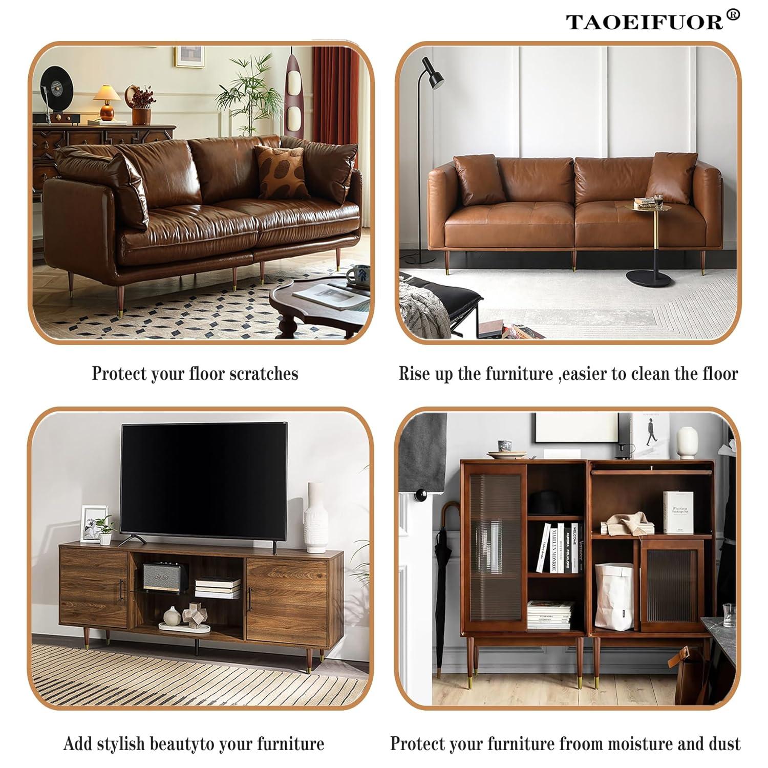 Hard Wood Furniture Legs with Gold Caps 6 Inch Mid-Century Modern Replacement Legs for Couch Dresser Cabinet Vanity Ottoman Walnut Color Sofa Legs Set of 4