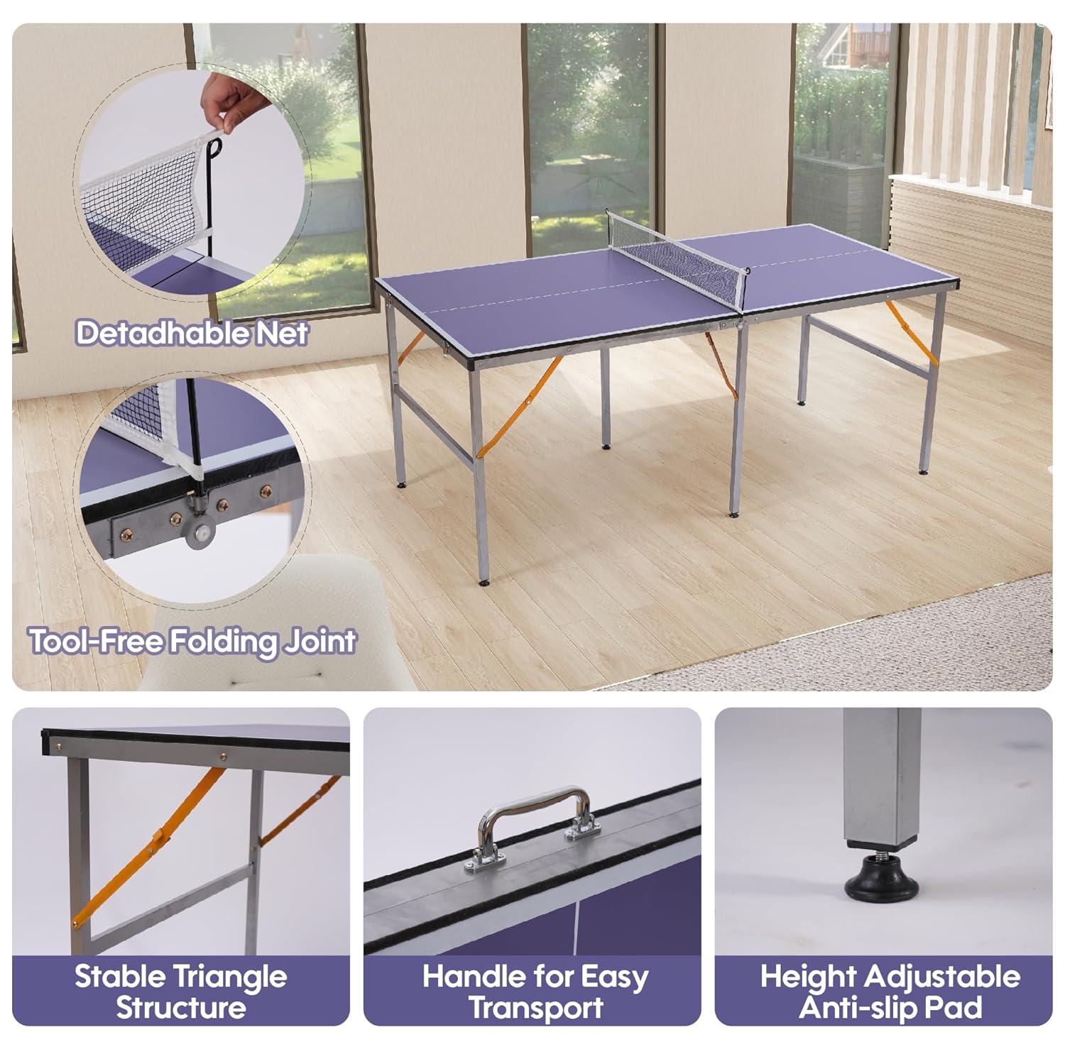 Portable Ping Pong Table, Mid-Size Foldable Table Tennis Table w/Net, 2 Paddles, 3 Balls, Table Tennis Table for Indoor Outdoor, Ping Pong Tablefor Kids Family Holiday Sports