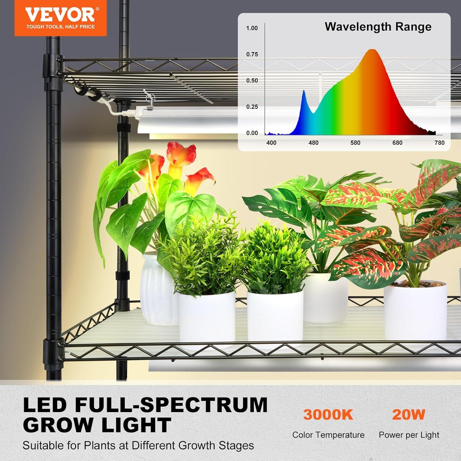 VEVOR Black Steel 6-Tier Plant Stand with Grow Light and Timer