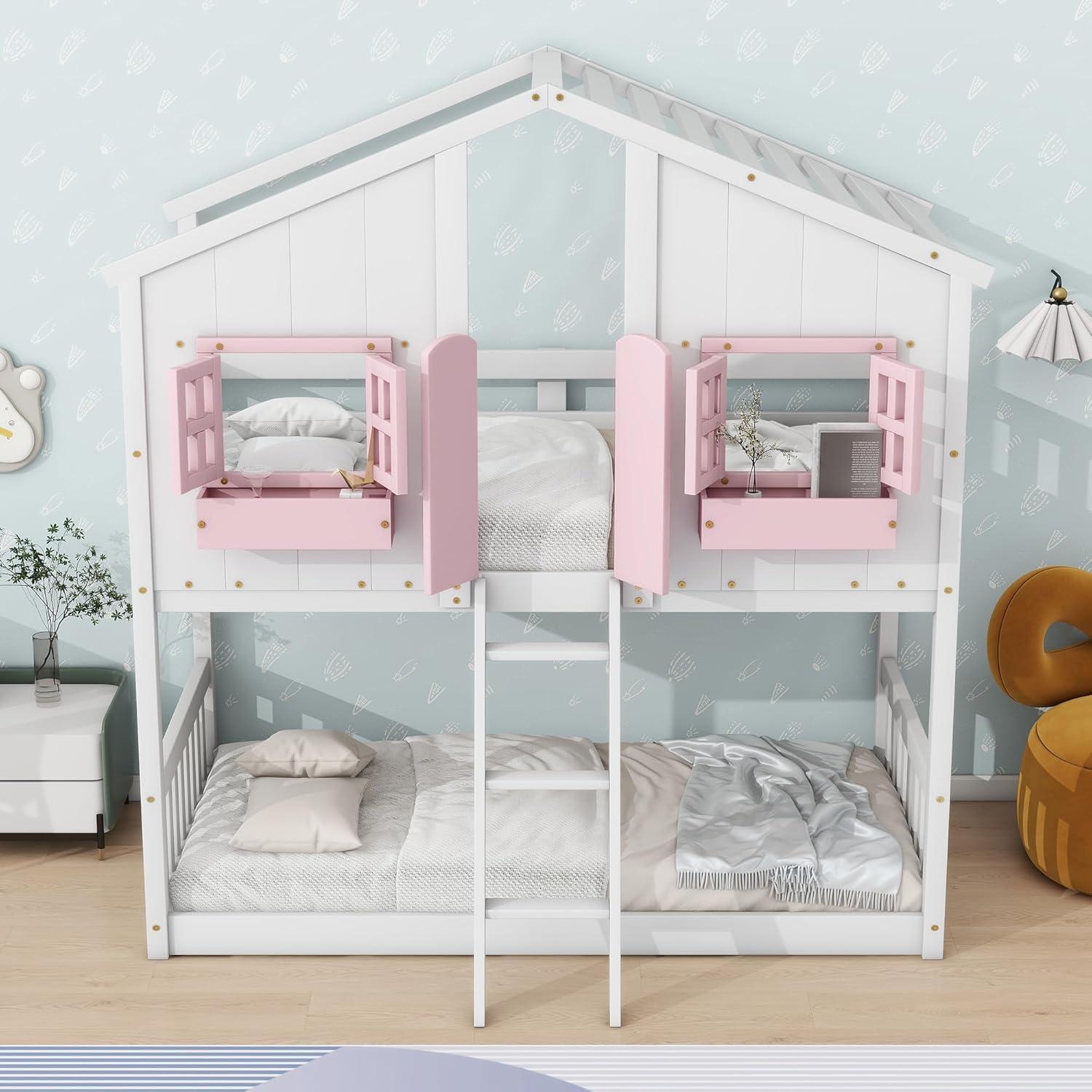 HighSound Twin Over Twin House Bunk Bed Frame with Roof, Window, Ladder and Safety Guardrails for Boys Girls, White & Pink