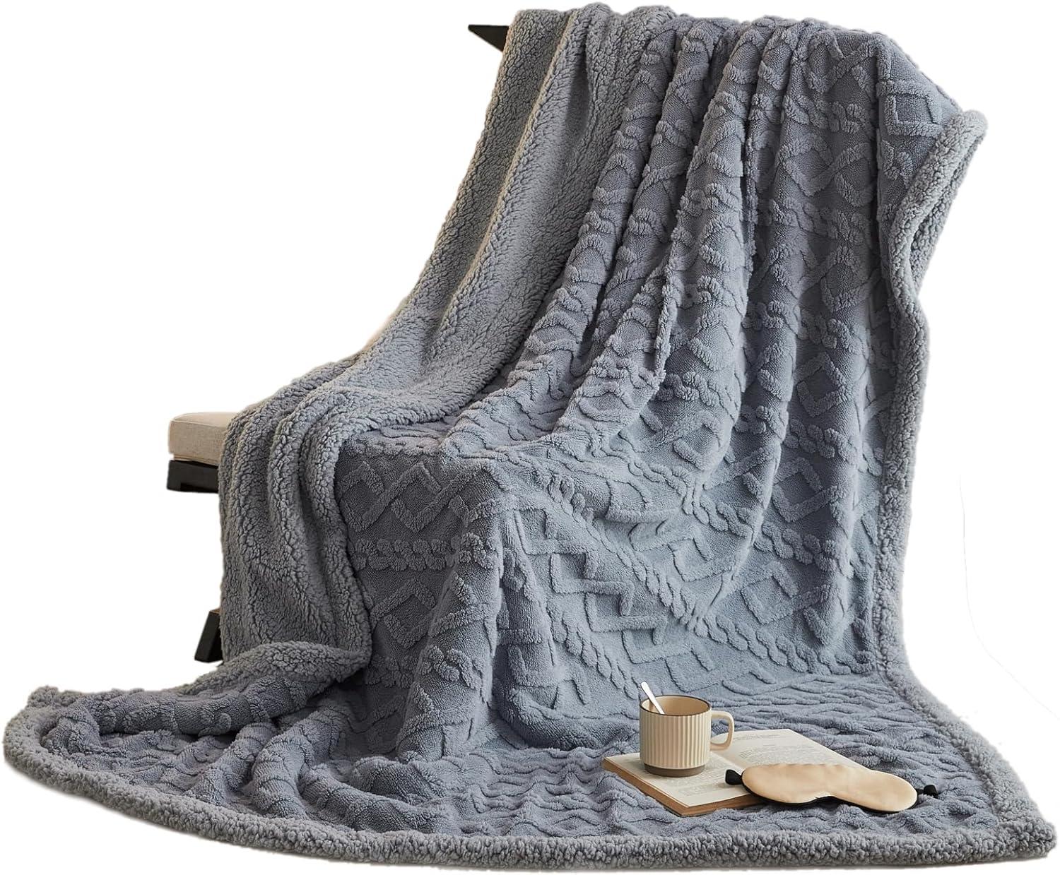 PU MEI Sherpa Throw Blanket for Couch Sofa 60”*80”- Fleece Tufted Fuzzy Soft Cozy Blanket for Bed, Thick Warm Blanket for All Seasons, (Dusty Blue, 60"*80")