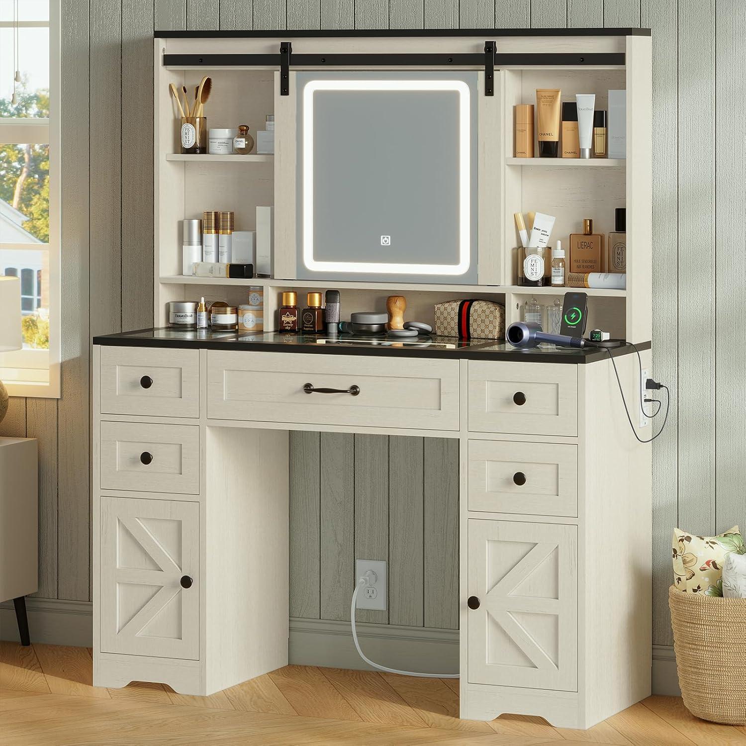Farmhouse Makeup Vanity Desk with Sliding Lighted Mirror, Glass Top Vanity Desk with Power Outlet, Rustic Vanity Set, Antique White