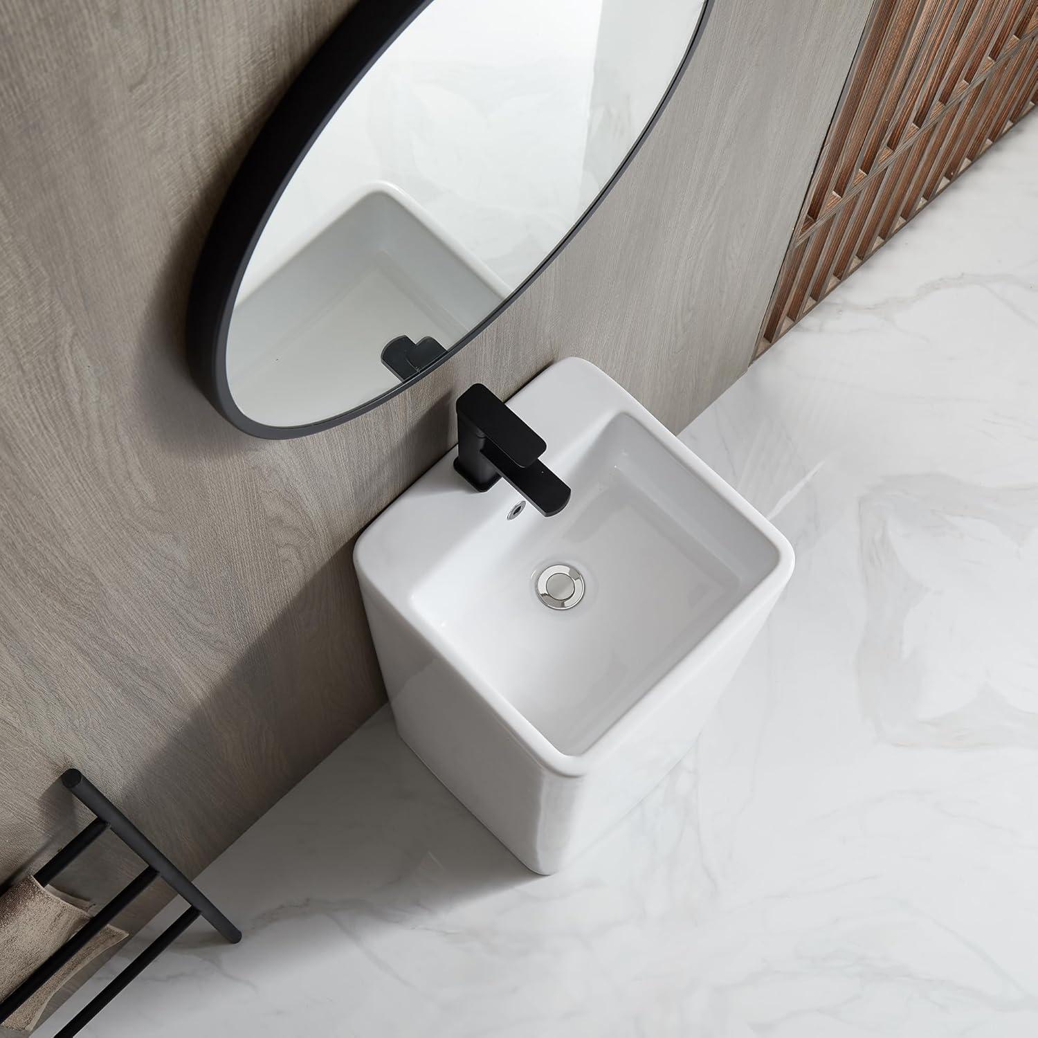 Glossy White Ceramic Square Pedestal Bathroom Sink