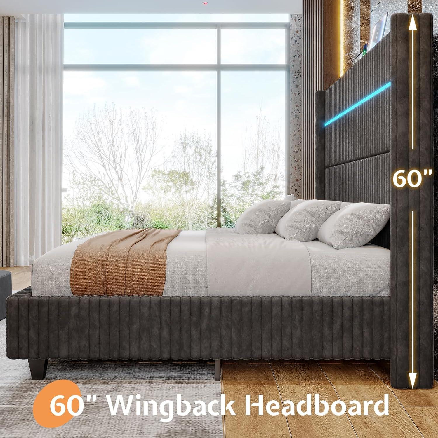 Ivy Bronx LED Bed Frame, Corduroy Upholstered Platform with 60" Tall Headboard & Charging Station